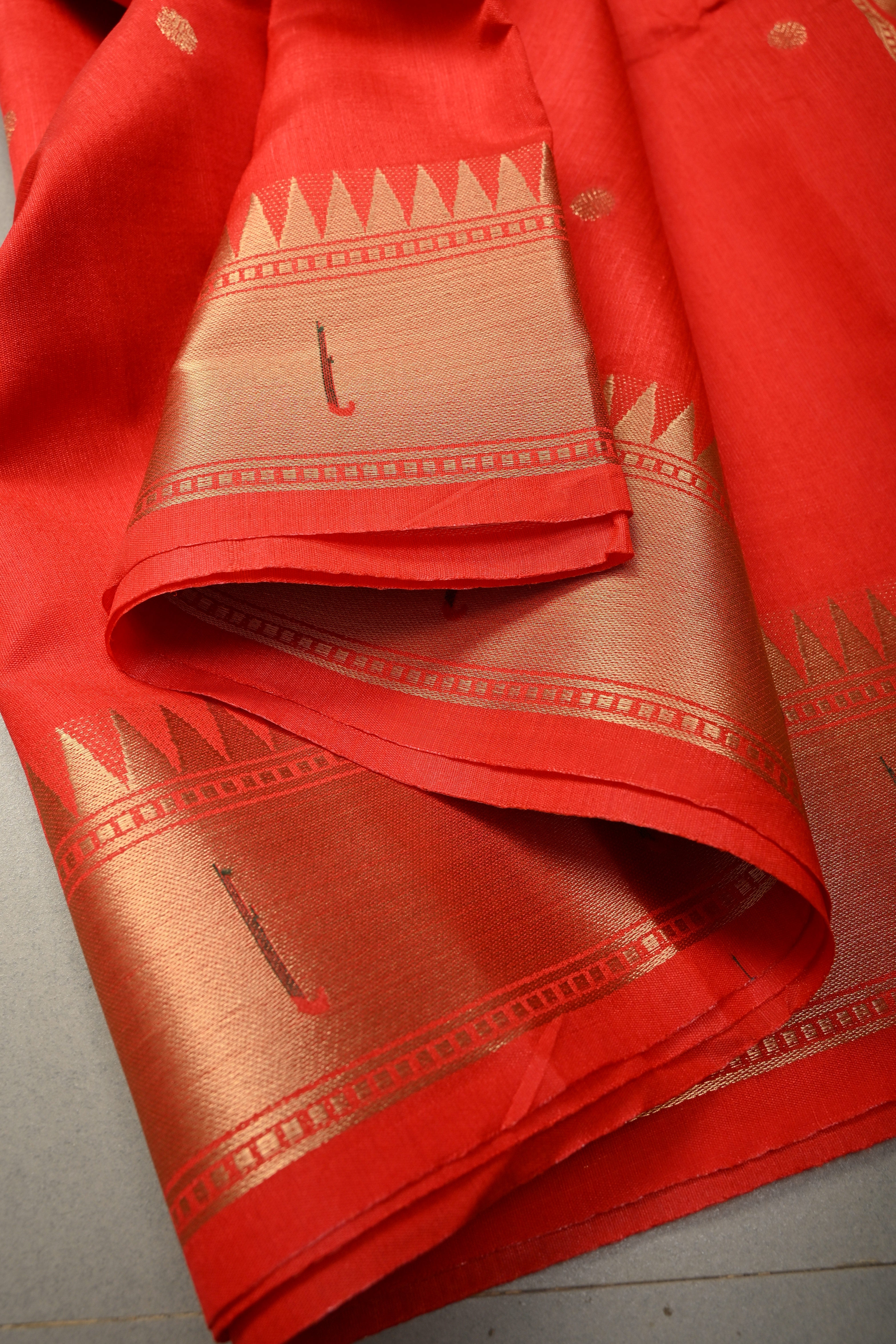 Blood Red Zari Buttas on mercerized cotton Saree with Muniya Zari Border and Meenakari Paithani Style Parrot Pallu | Shobitam