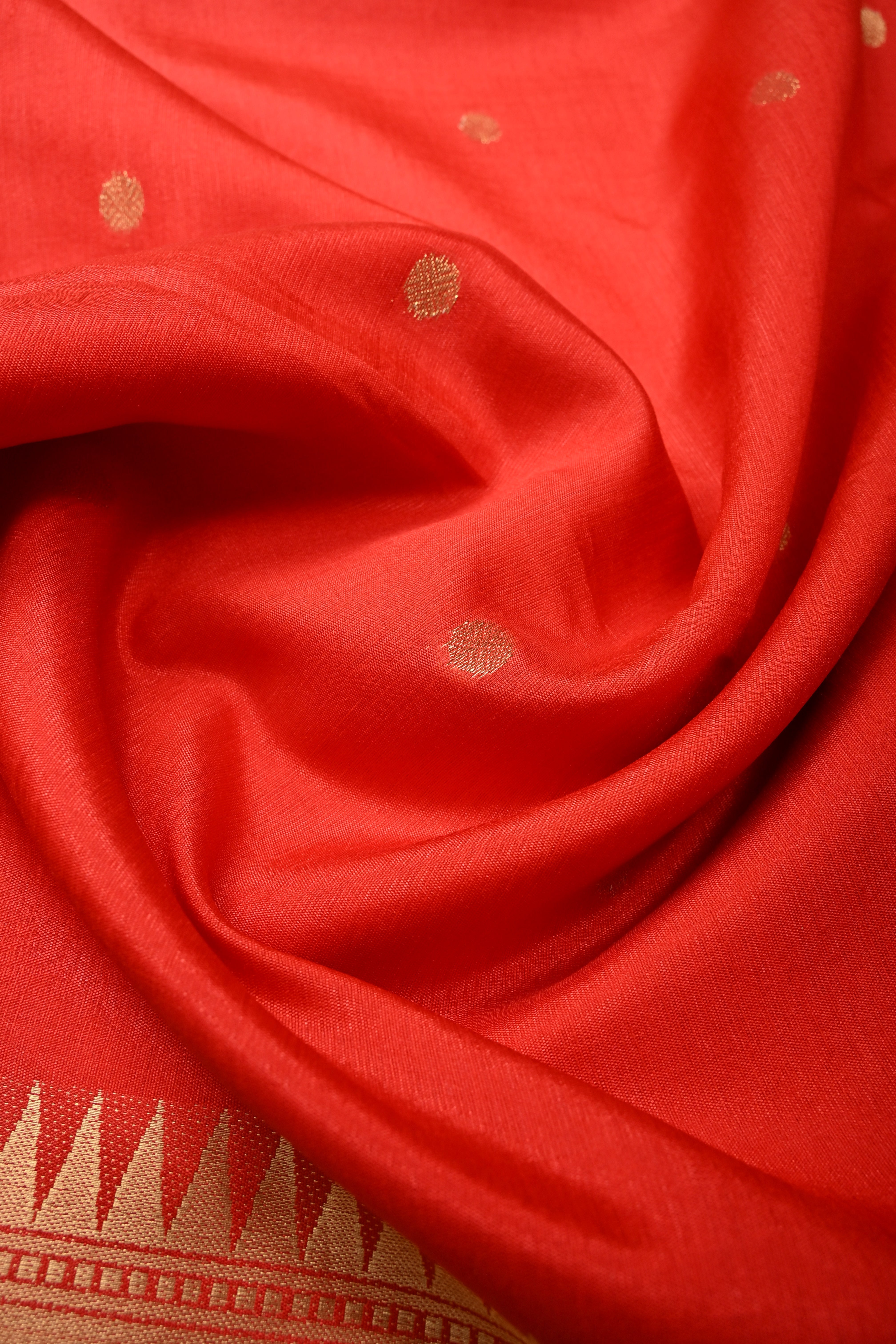 Blood Red Zari Buttas on mercerized cotton Saree with Muniya Zari Border and Meenakari Paithani Style Parrot Pallu | Shobitam