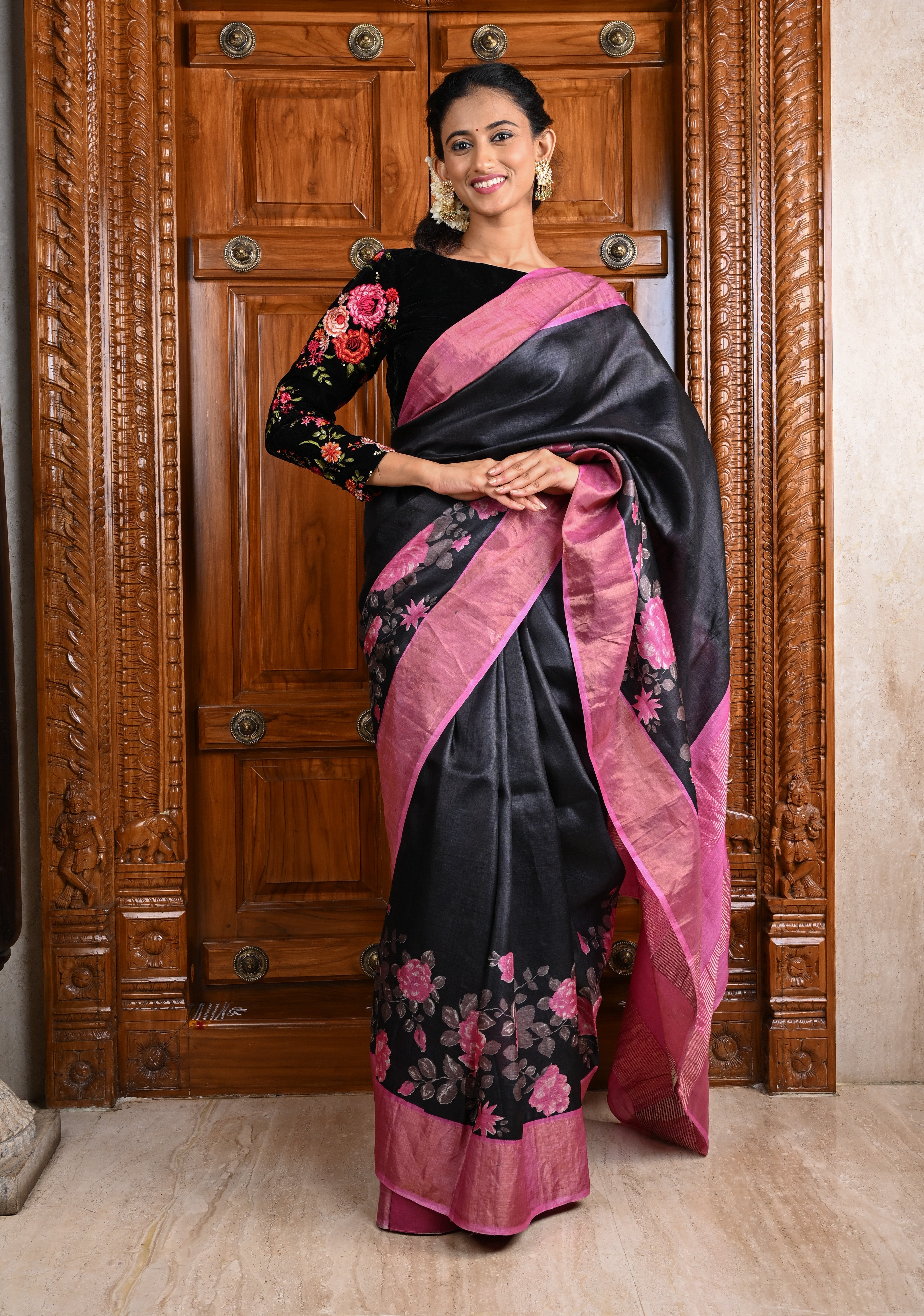 Jari Tussar Silk Saree in Black with Floral Digital Print Above Contrast zari Border | SILK MARK CERTIFIED | Shobitam