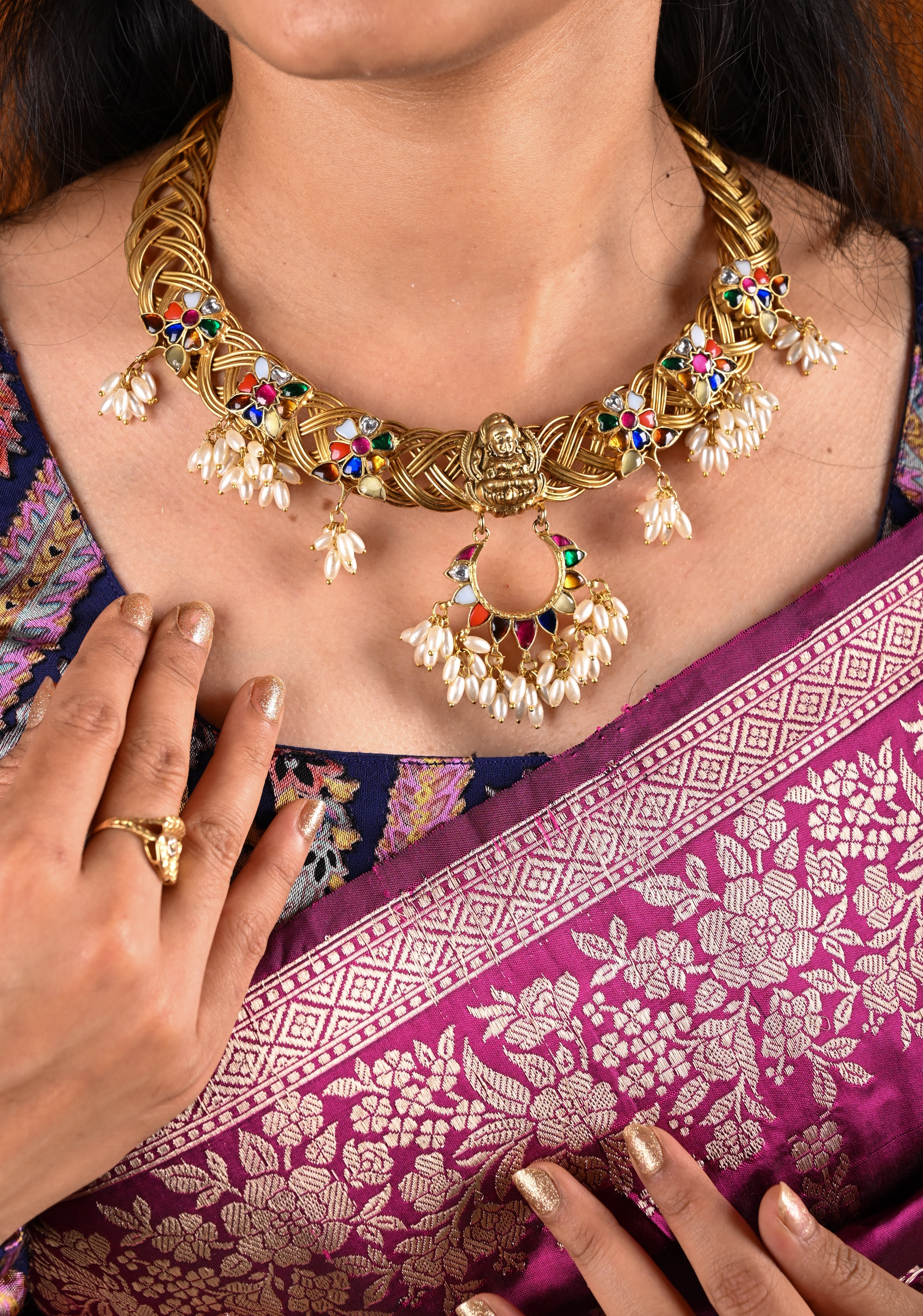 Braided Hasli Carved Lakshmi with Navaratna Stones Necklace Set with Dangling Rice Pearls, No Earrings | Shobitam