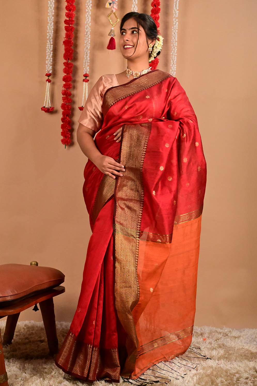 Ready To Wear Red Bhagalpuri Silk With woven zari and Mustard ornate pallu with Tassels one minute saree - Isadora Life
