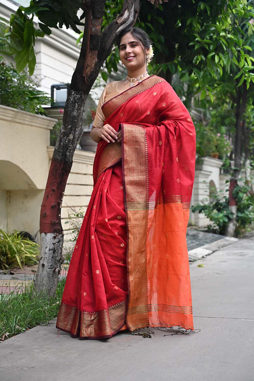 Ready To Wear Red Bhagalpuri Silk With woven zari and Mustard ornate pallu with Tassels one minute saree - Isadora Life