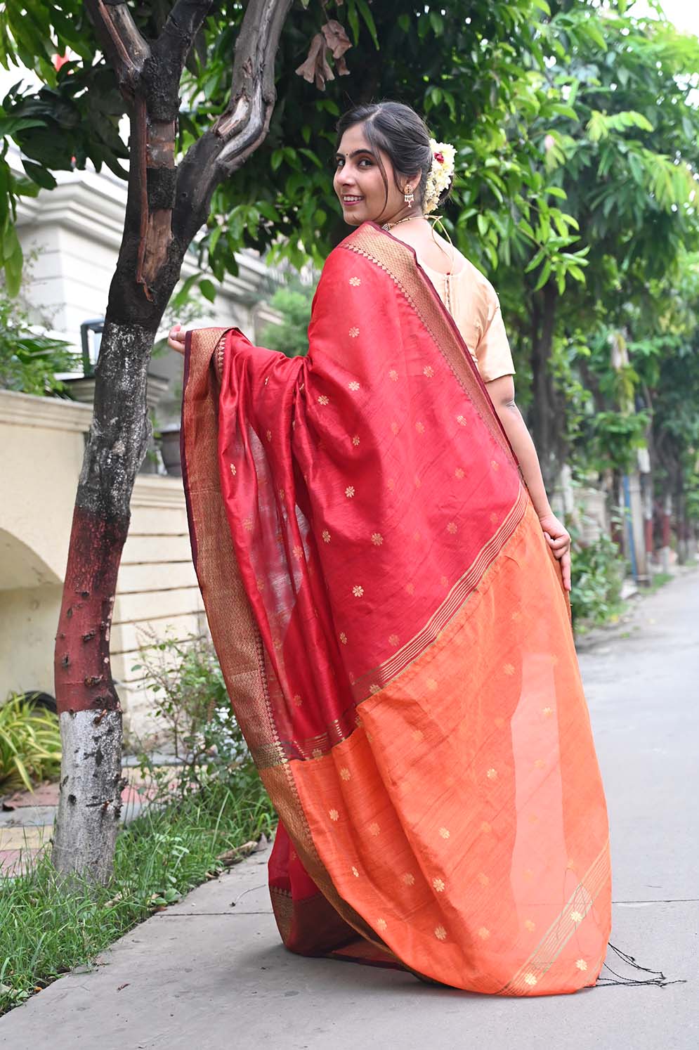 Ready To Wear Red Bhagalpuri Silk With woven zari and Mustard ornate pallu with Tassels one minute saree - Isadora Life