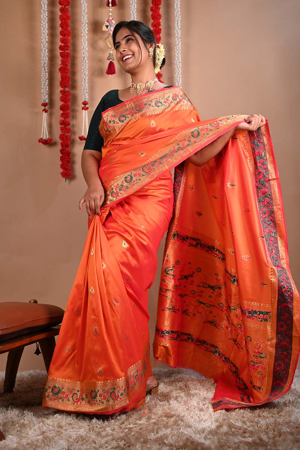 Ready to wear Paithani semi silk with ornate pallu prestitched saree - Isadora Life
