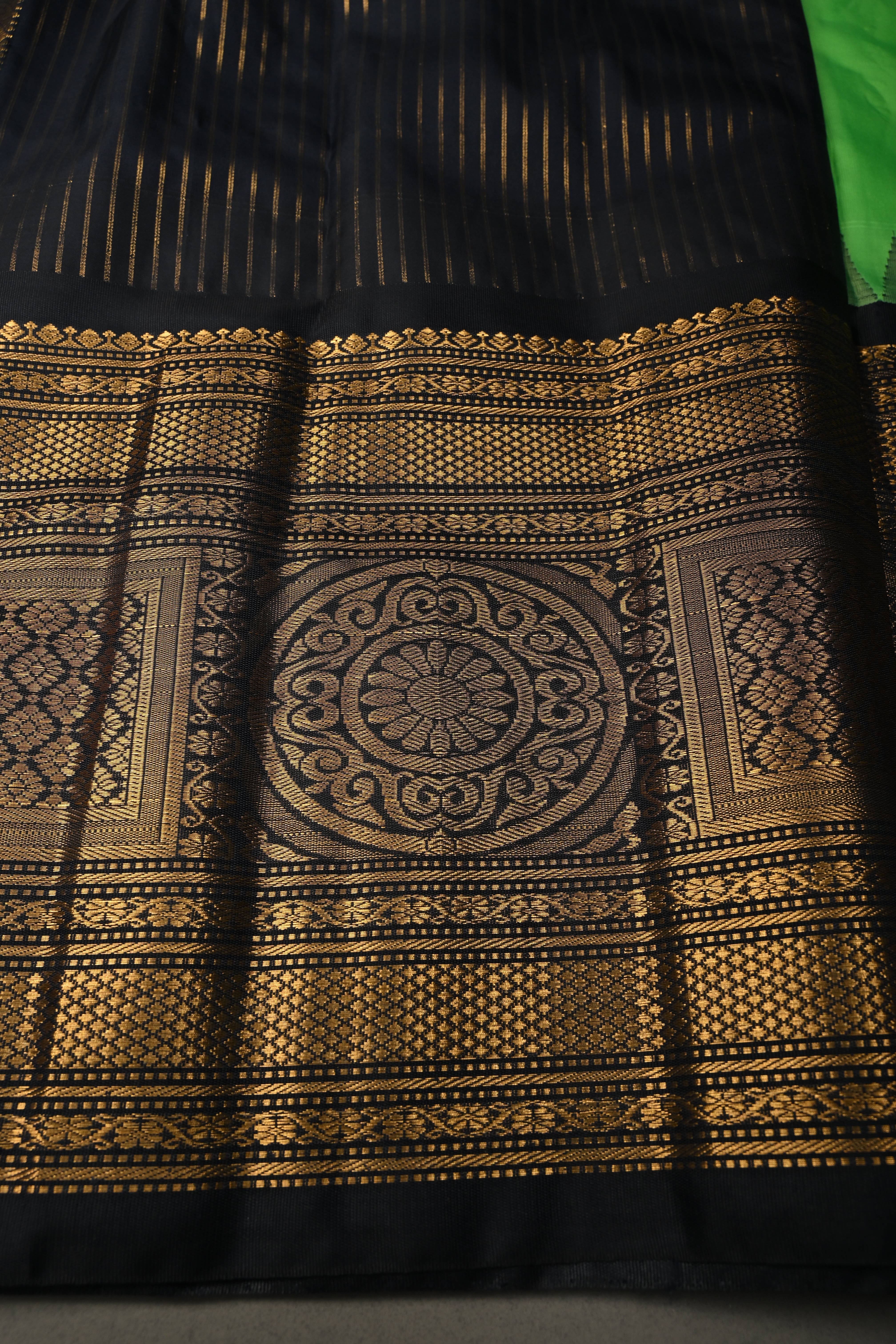 Green Semi Gadwal Silk Saree with Floral Zari Buttas and Contrast Zari Border | Shobitam