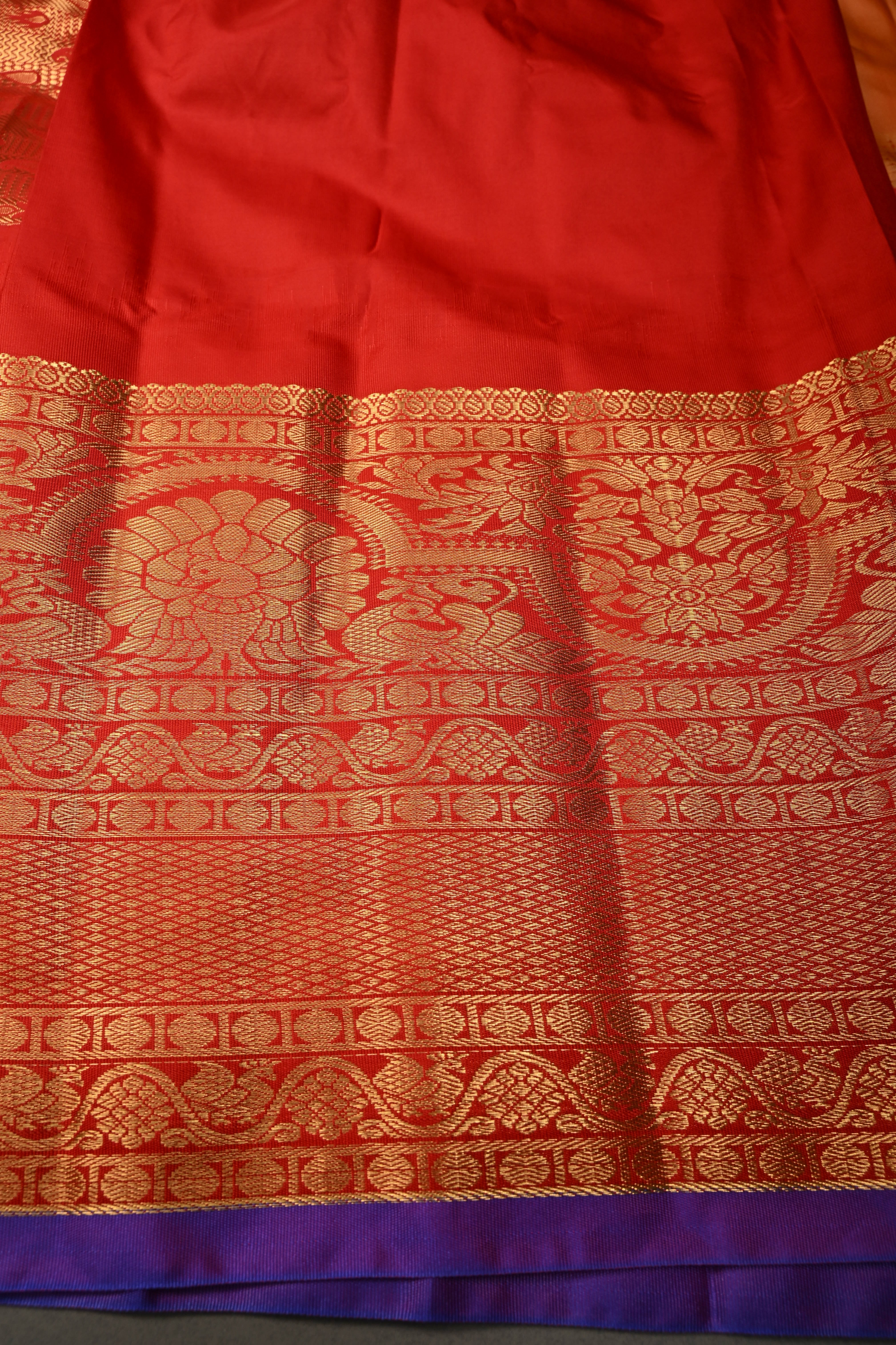 Orange Semi Gadwal Silk Saree with Floral Zari Buttas and Contrast Zari Border | Shobitam