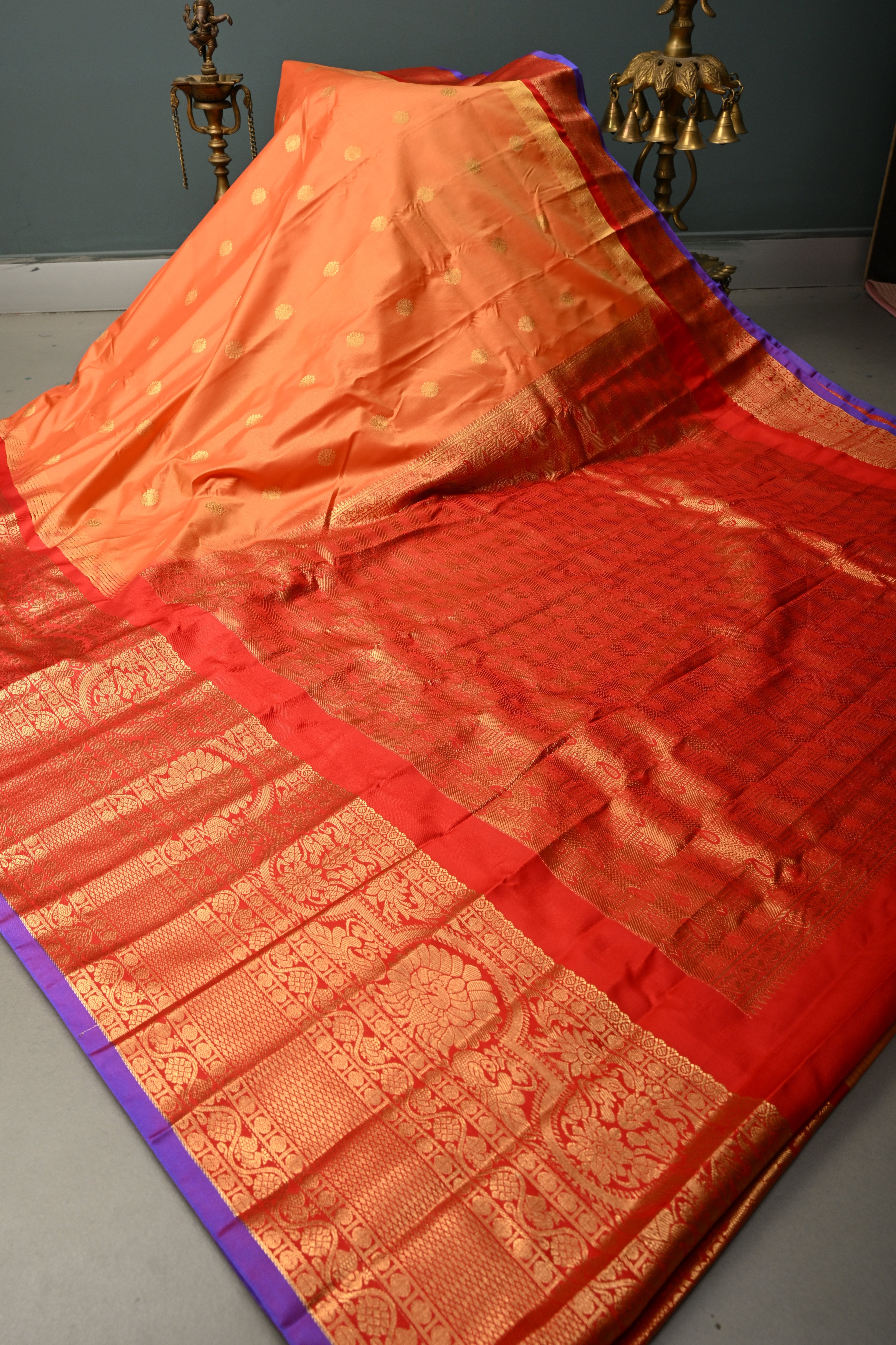 Orange Semi Gadwal Silk Saree with Floral Zari Buttas and Contrast Zari Border | Shobitam
