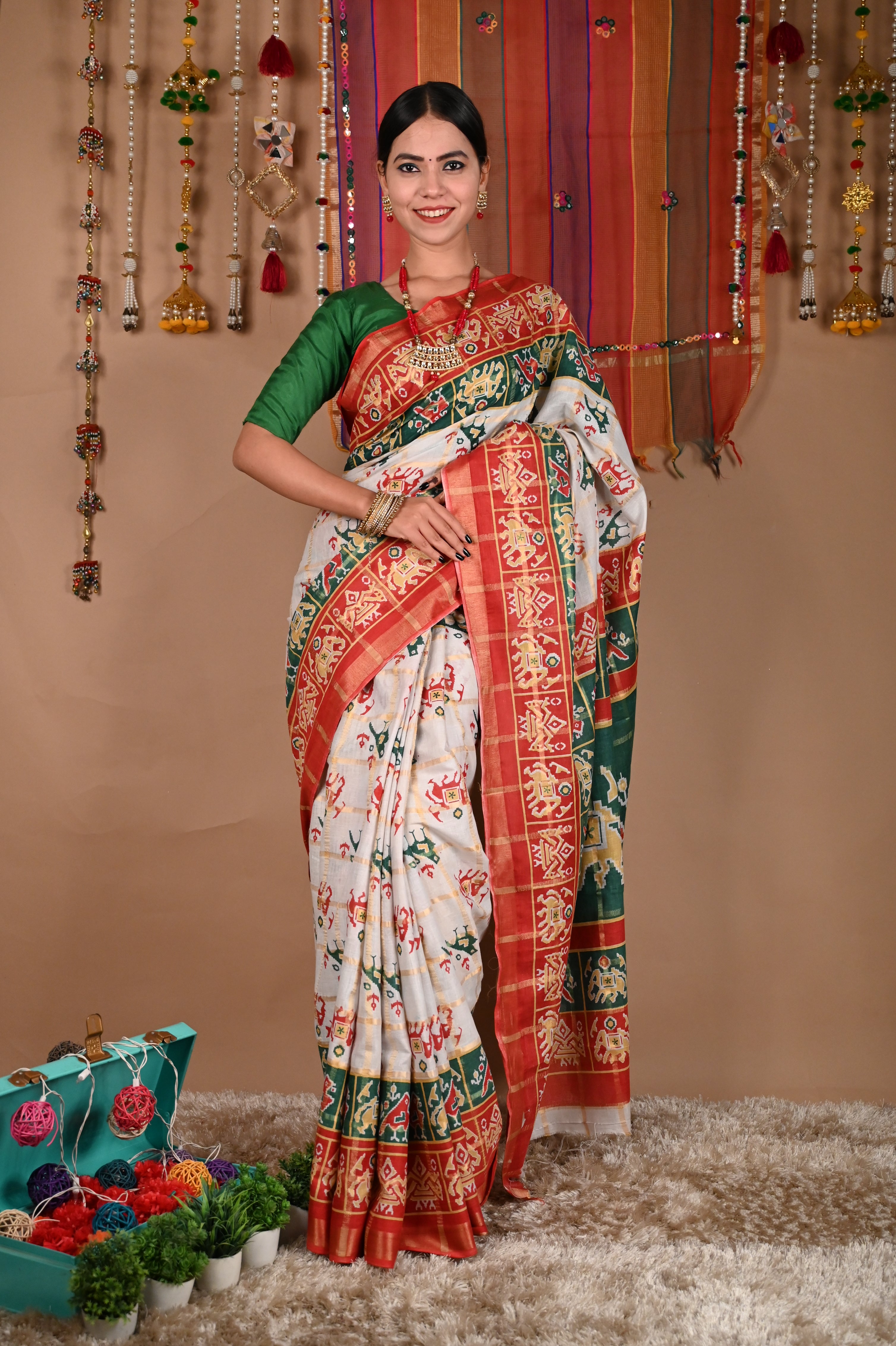 Ready To Wear Woven Panetar patola themed Printed Wrap in 1 minute saree - Isadora Life