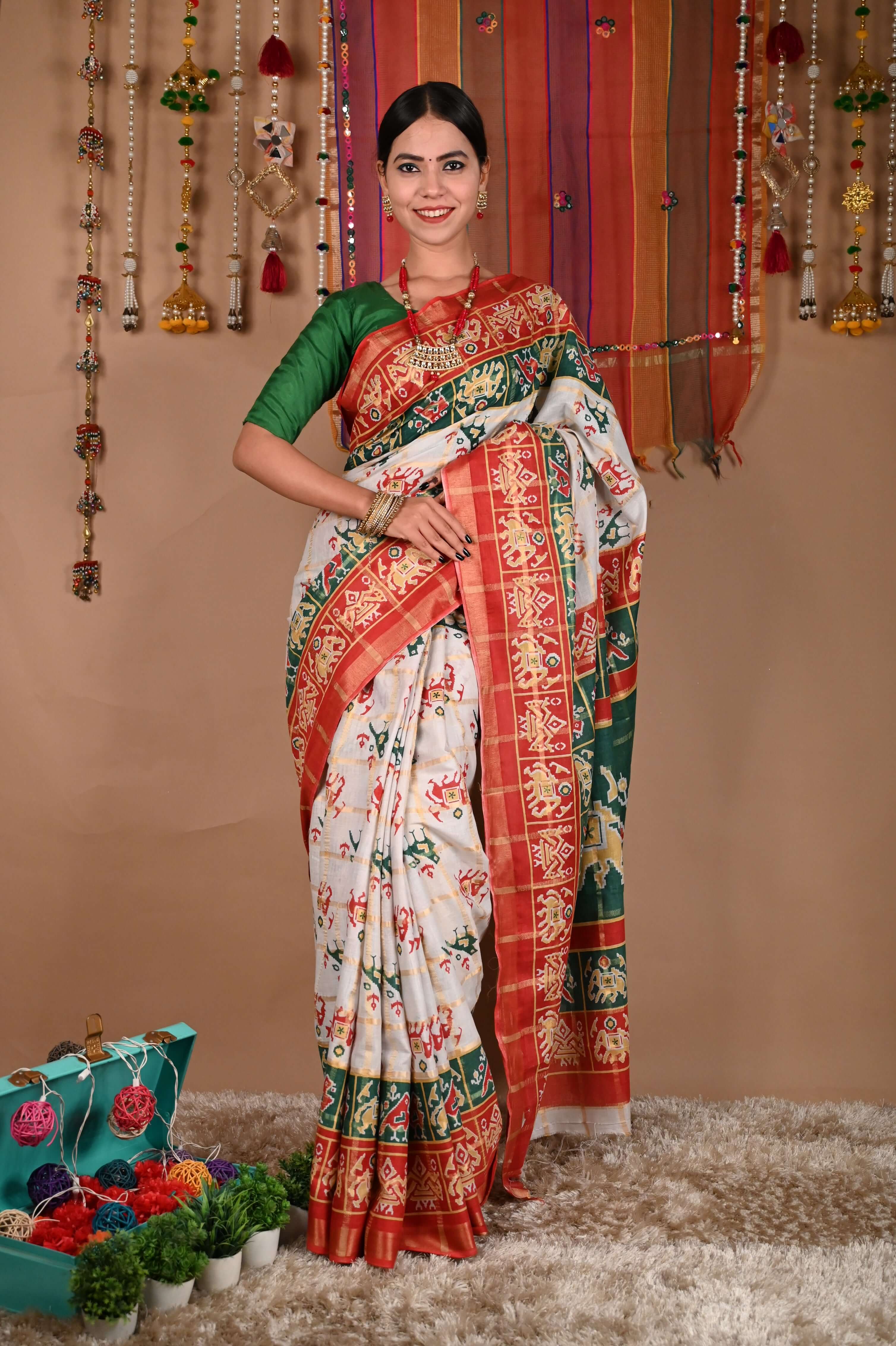 Ready To Wear Woven Panetar patola themed Printed Wrap in 1 minute saree - Isadora Life