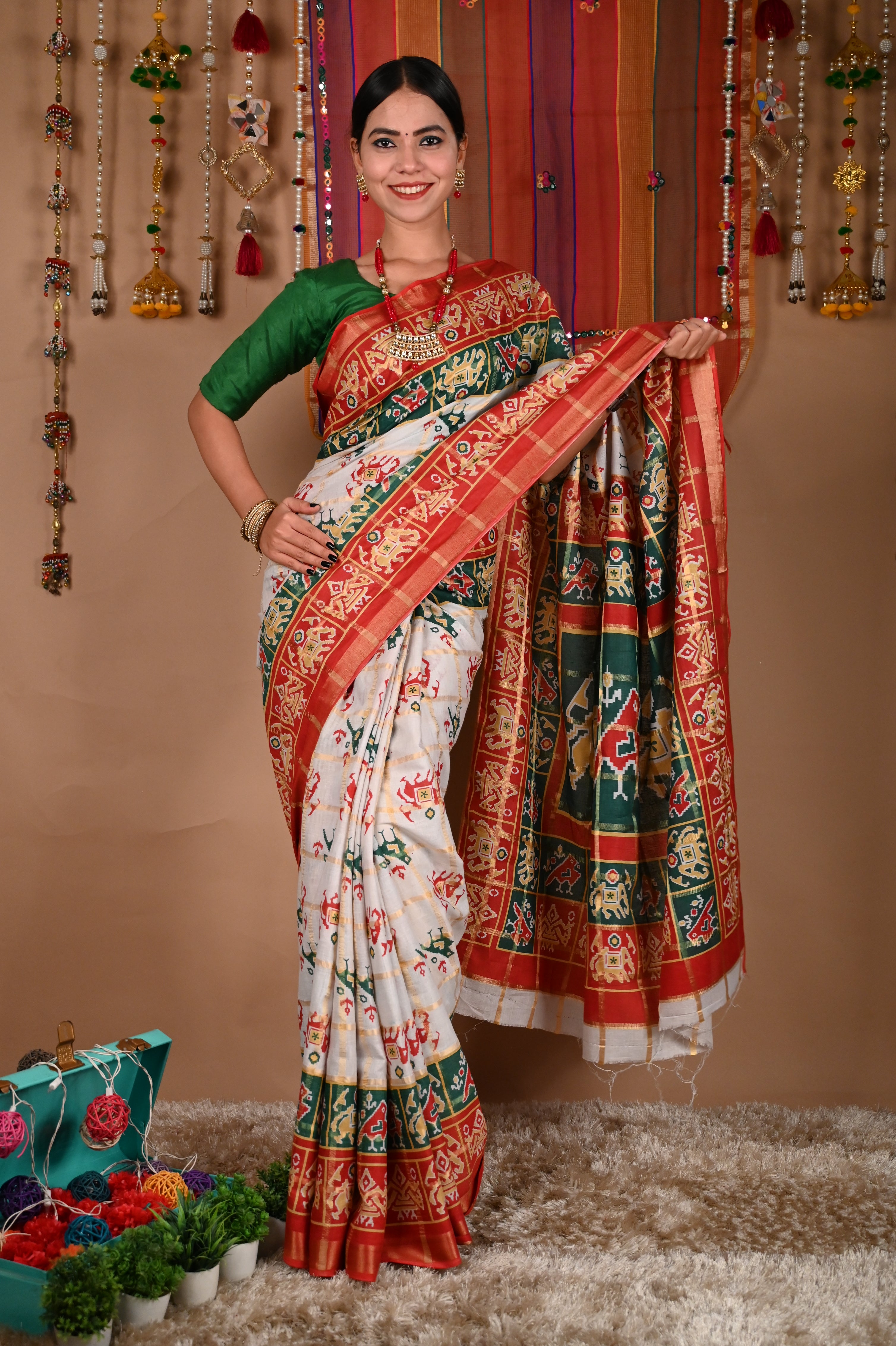 Ready To Wear Woven Panetar patola themed Printed Wrap in 1 minute saree - Isadora Life