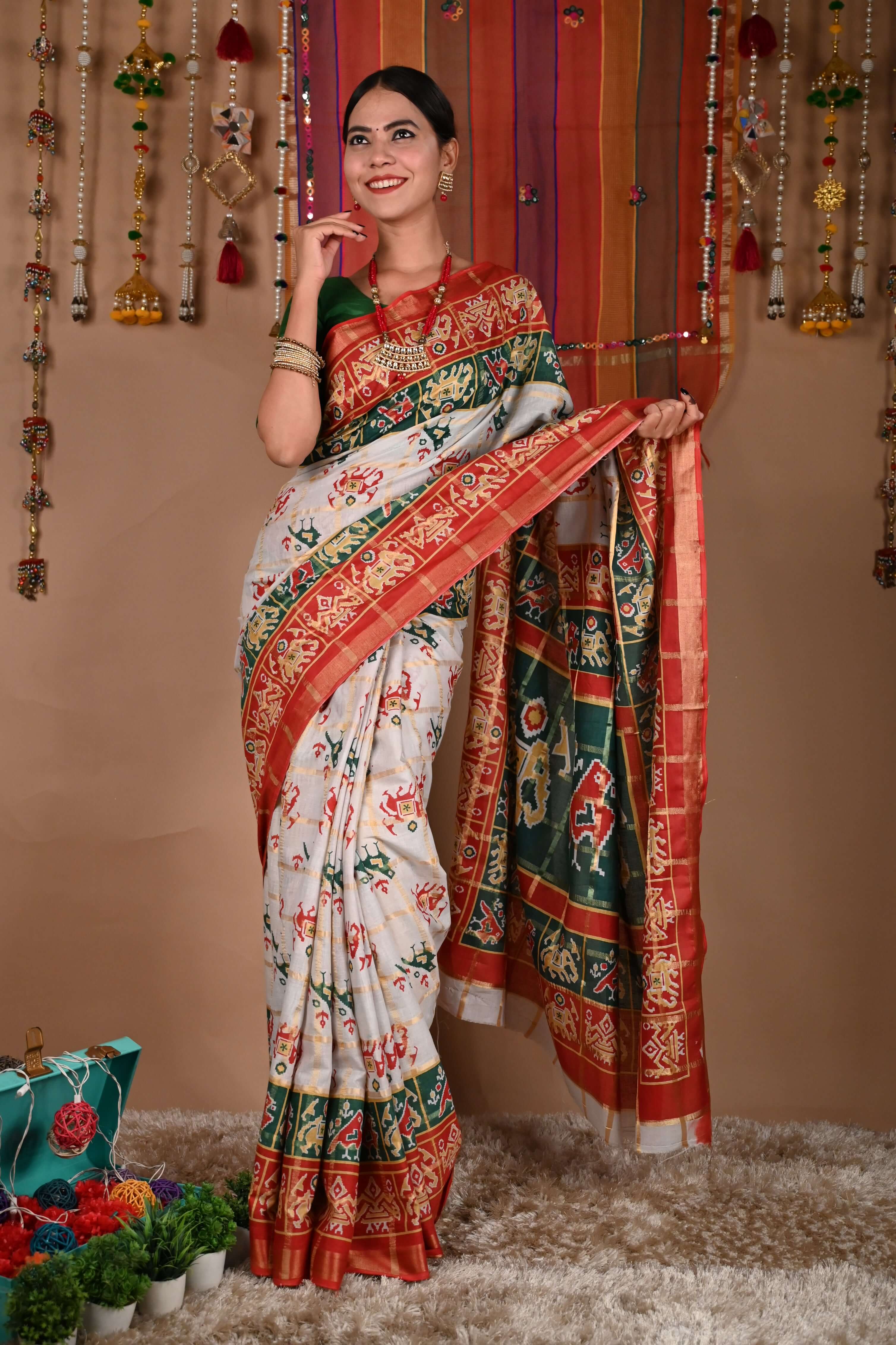 Ready To Wear Woven Panetar patola themed Printed Wrap in 1 minute saree - Isadora Life