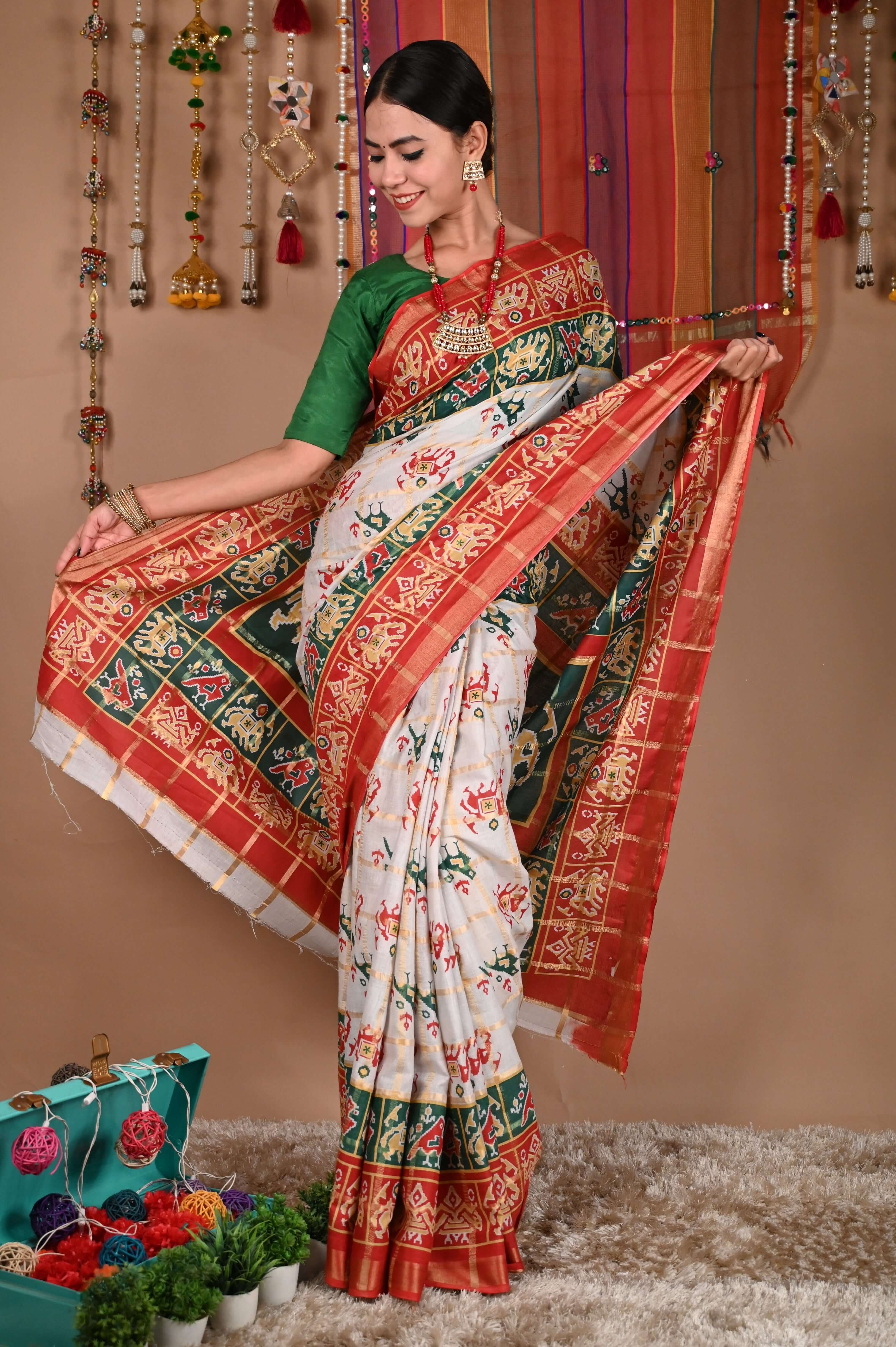 Ready To Wear Woven Panetar patola themed Printed Wrap in 1 minute saree - Isadora Life