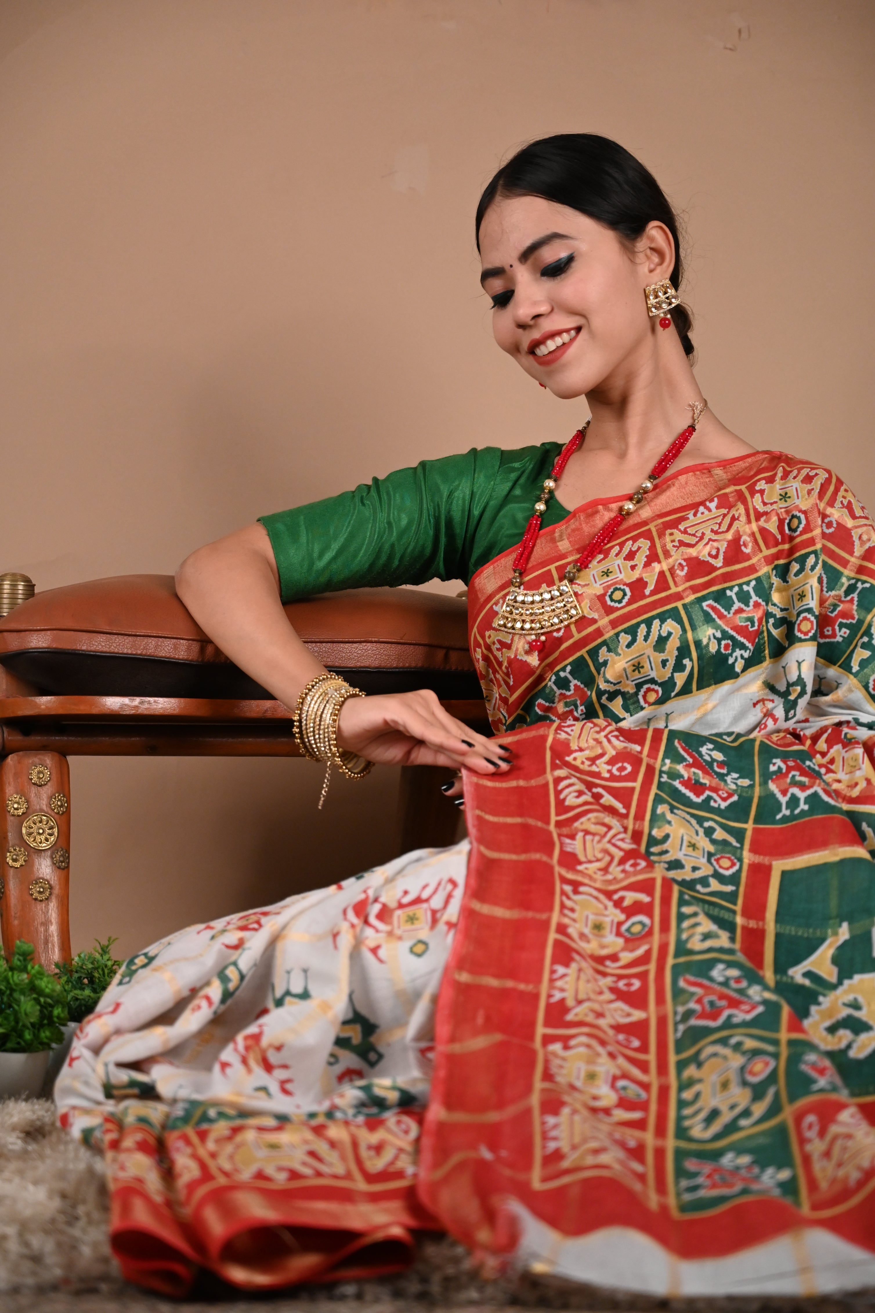 Ready To Wear Woven Panetar patola themed Printed  Wrap in 1 minute saree - Isadora Life