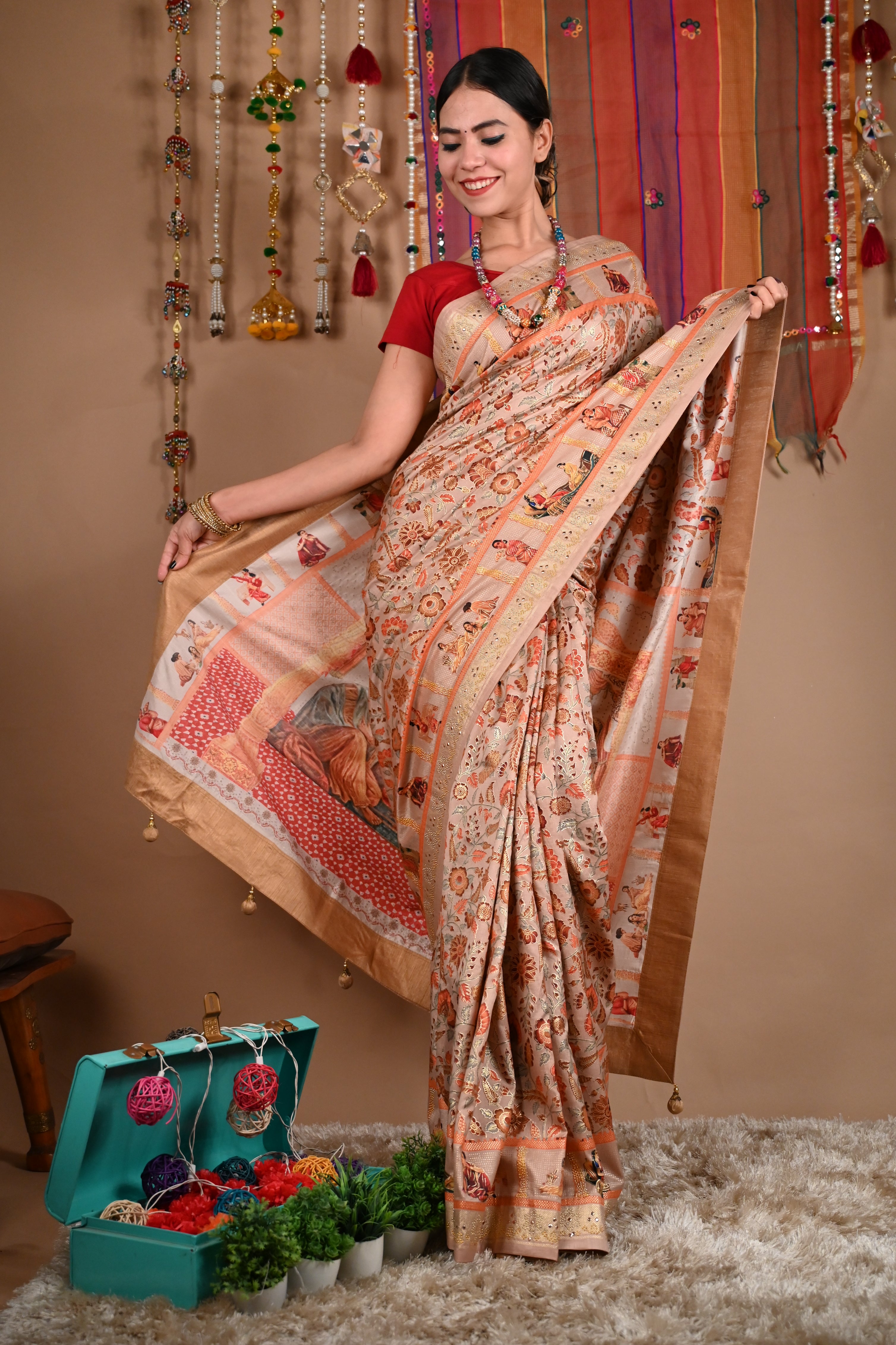 Ready To Wear Beautiful Detailed Ornate pallu with Madhubani Artwork Print And Stone bordered  Wrap in 1 minute saree - Isadora Life