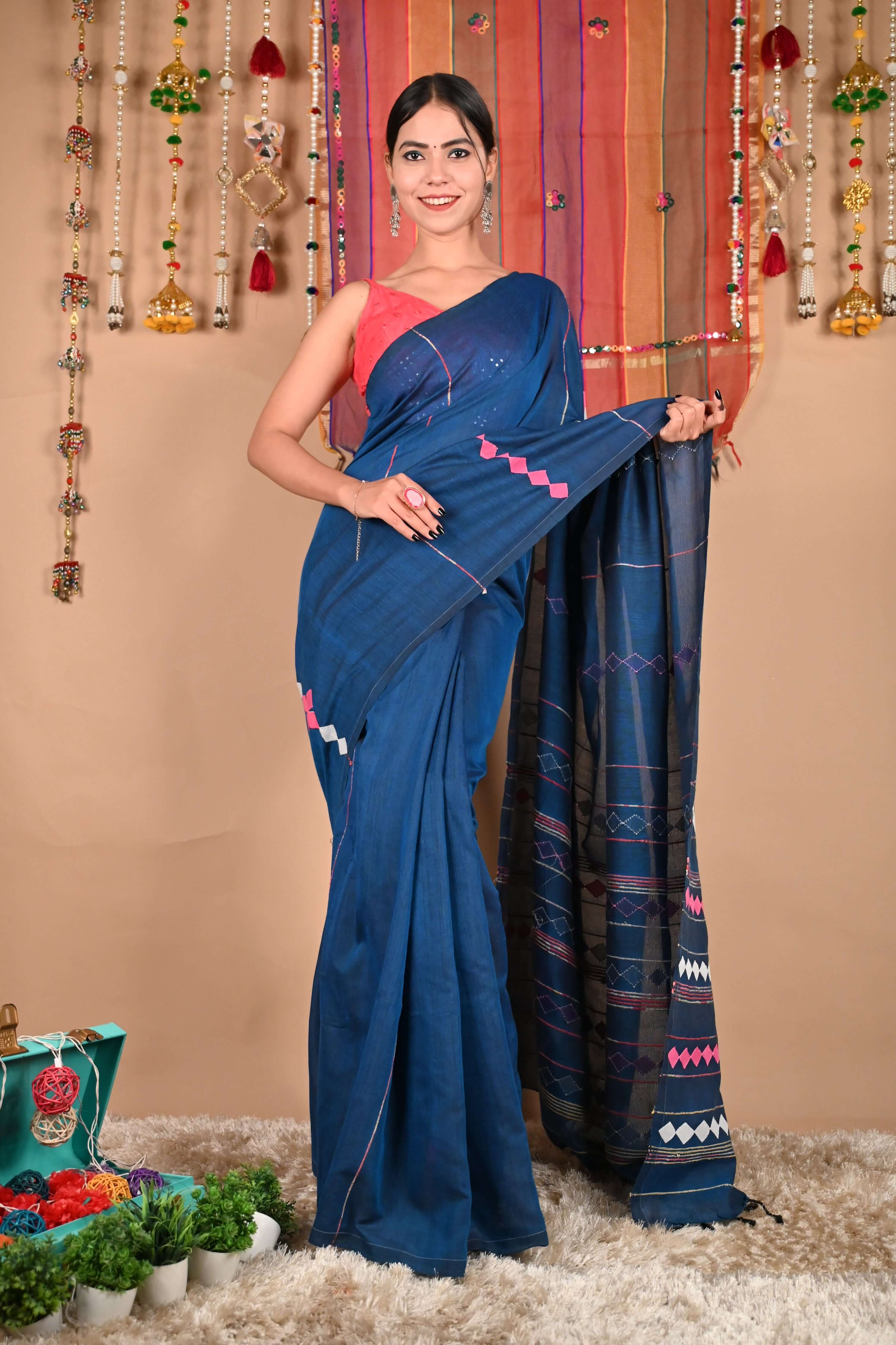 Ready To Wear Beautiful Applique Work Khesh Pure Cotton Wrap in 1 minute saree - Isadora Life