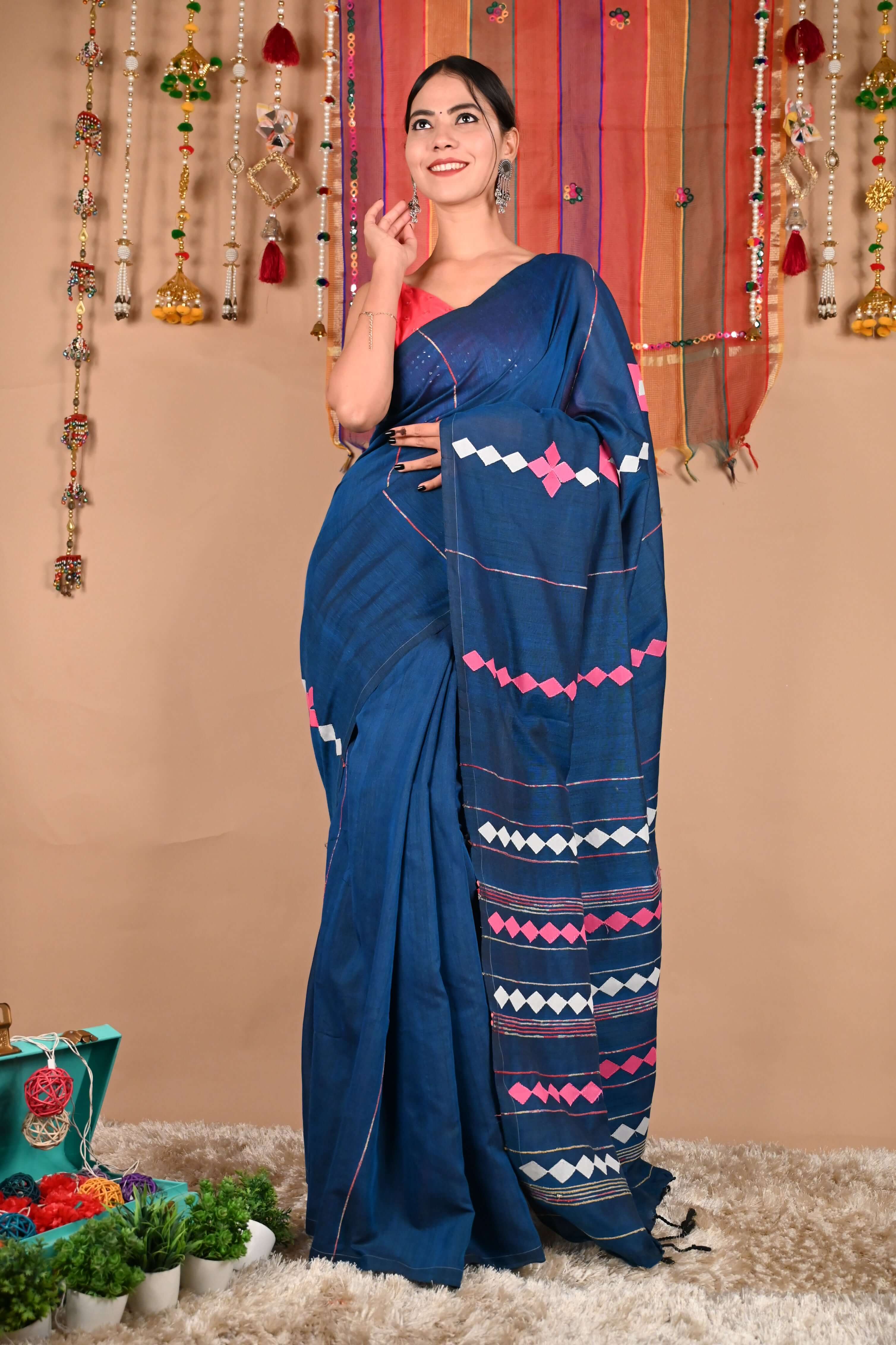 Ready To Wear Beautiful Applique Work Khesh Pure Cotton Wrap in 1 minute saree - Isadora Life