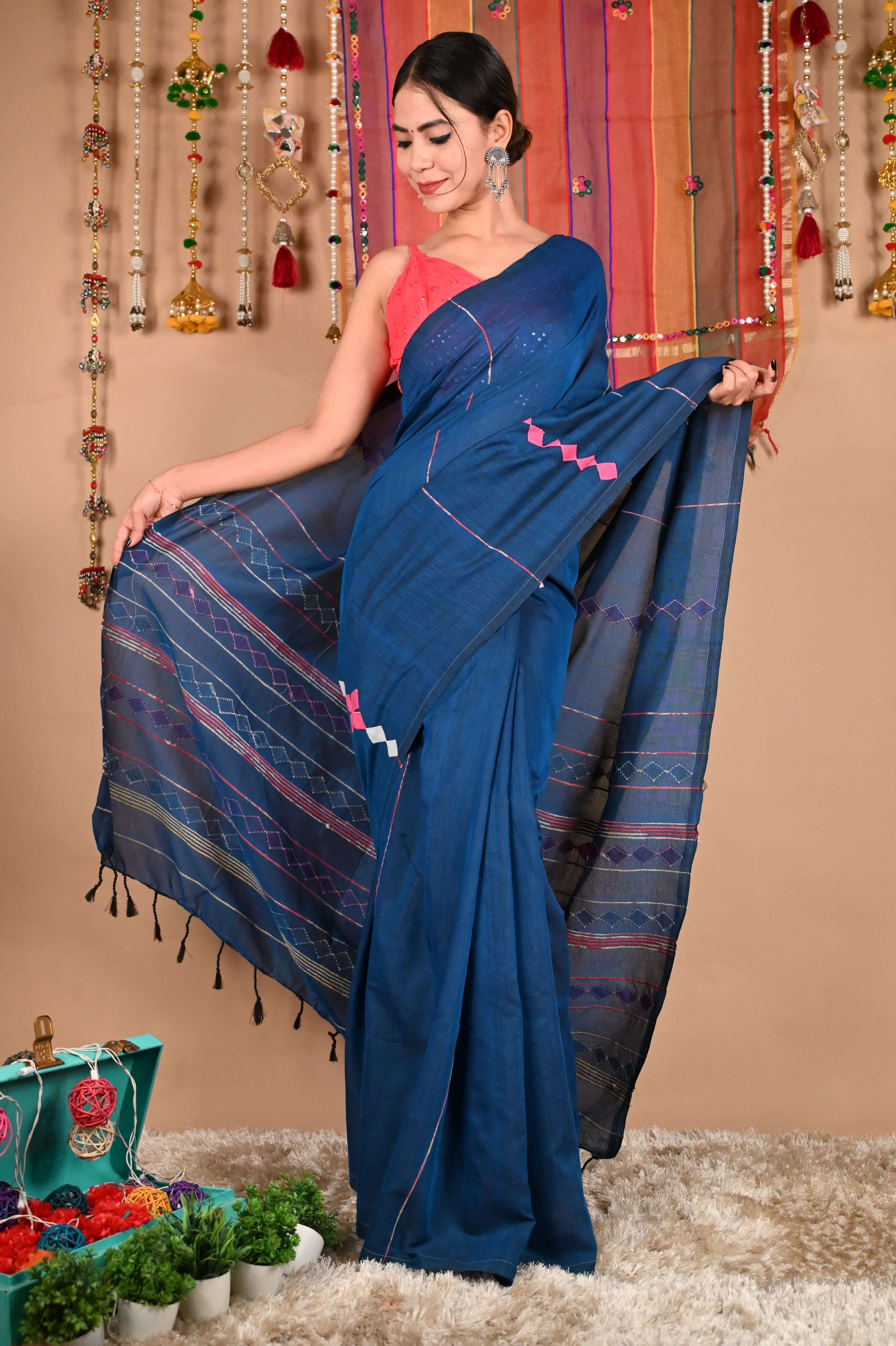 Ready To Wear Beautiful Applique Work Khesh Pure Cotton Wrap in 1 minute saree - Isadora Life