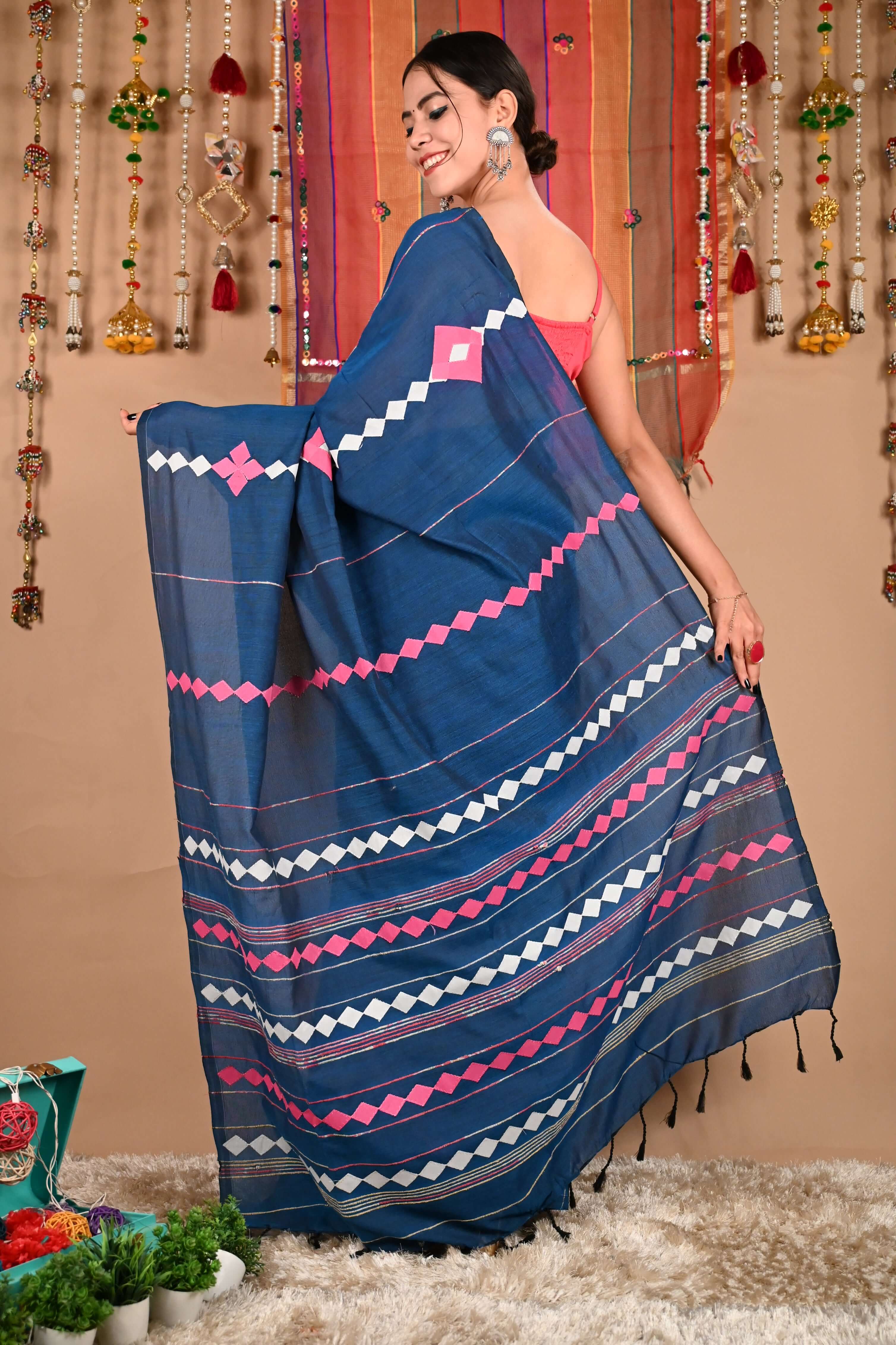 Ready To Wear Beautiful Applique Work Khesh Pure Cotton Wrap in 1 minute saree - Isadora Life