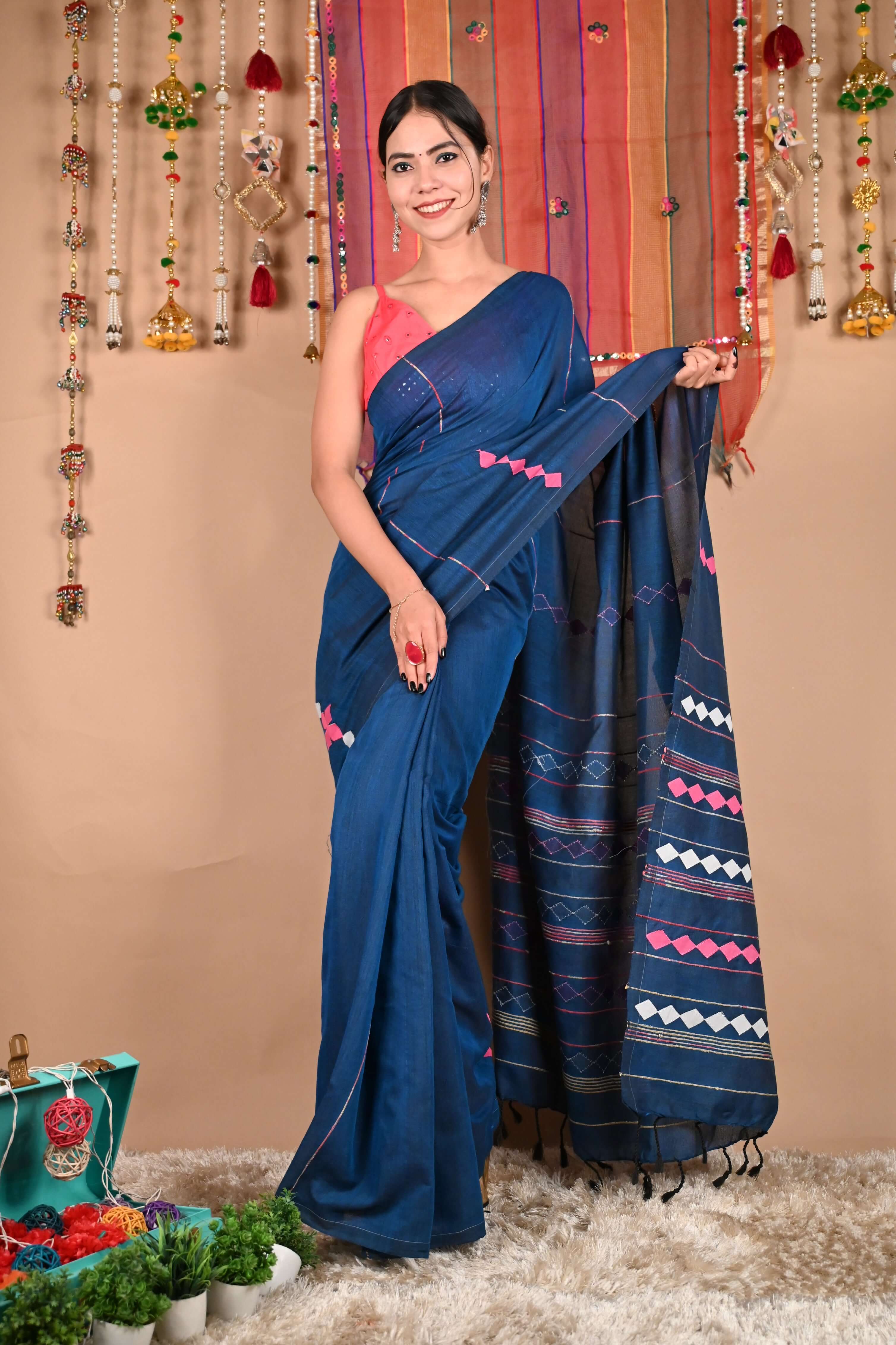Ready To Wear Beautiful Applique Work Khesh Pure Cotton Wrap in 1 minute saree - Isadora Life