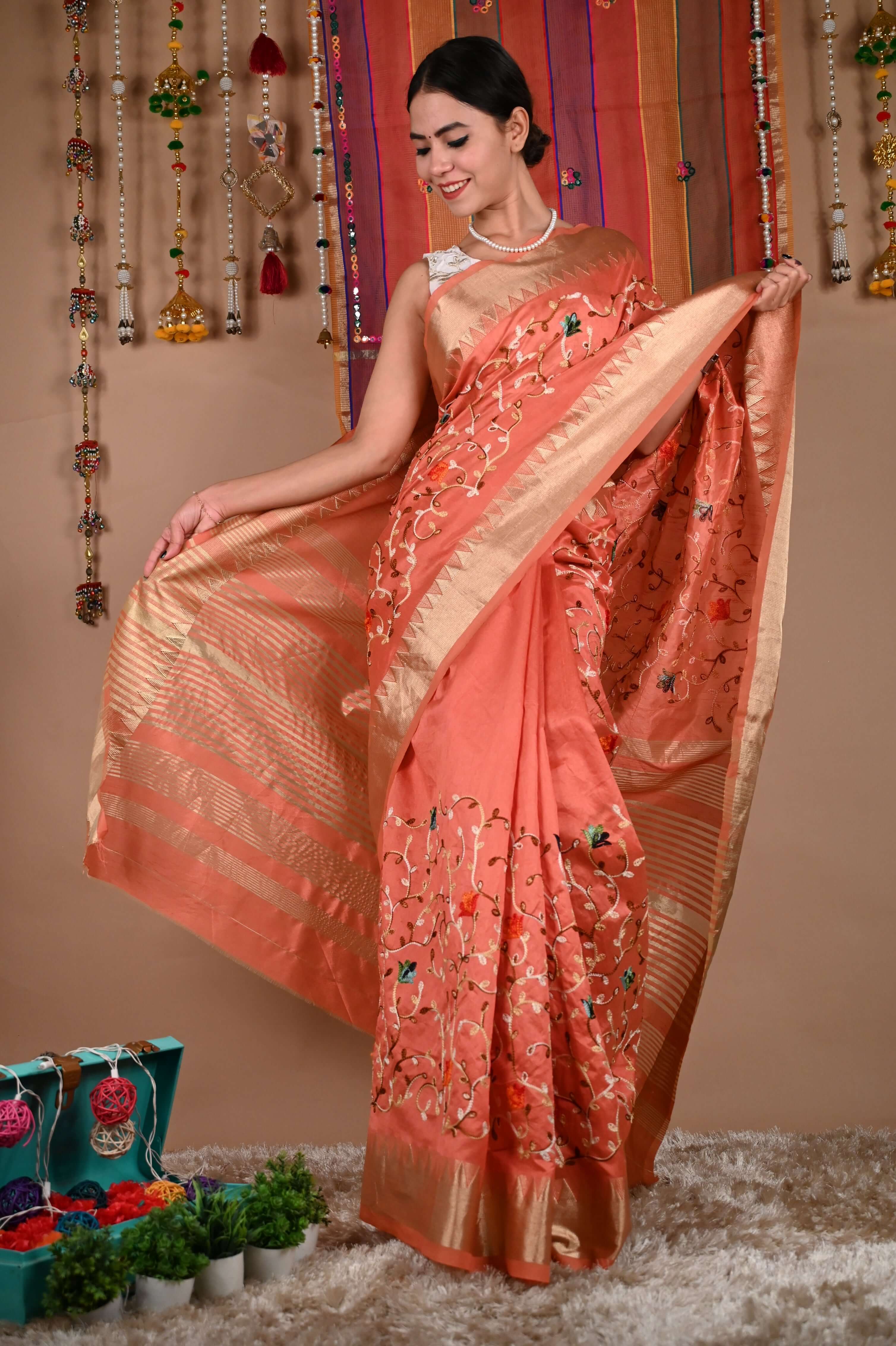 Ready To Wear Over all Thread Embroidered With Golden Temple Bordered Wrap in 1 minute saree - Isadora Life