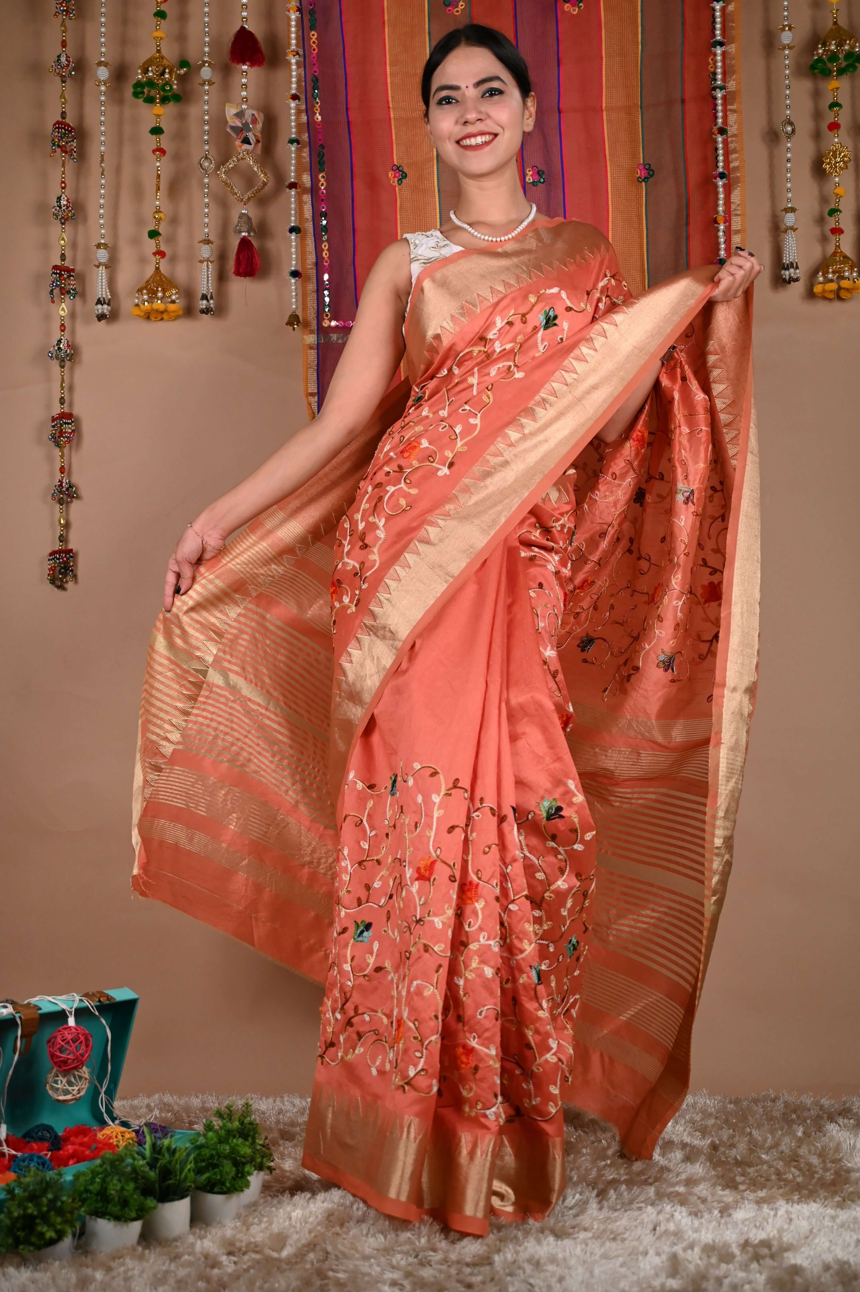 Ready To Wear Over all Thread Embroidered With Golden Temple Bordered Wrap in 1 minute saree - Isadora Life