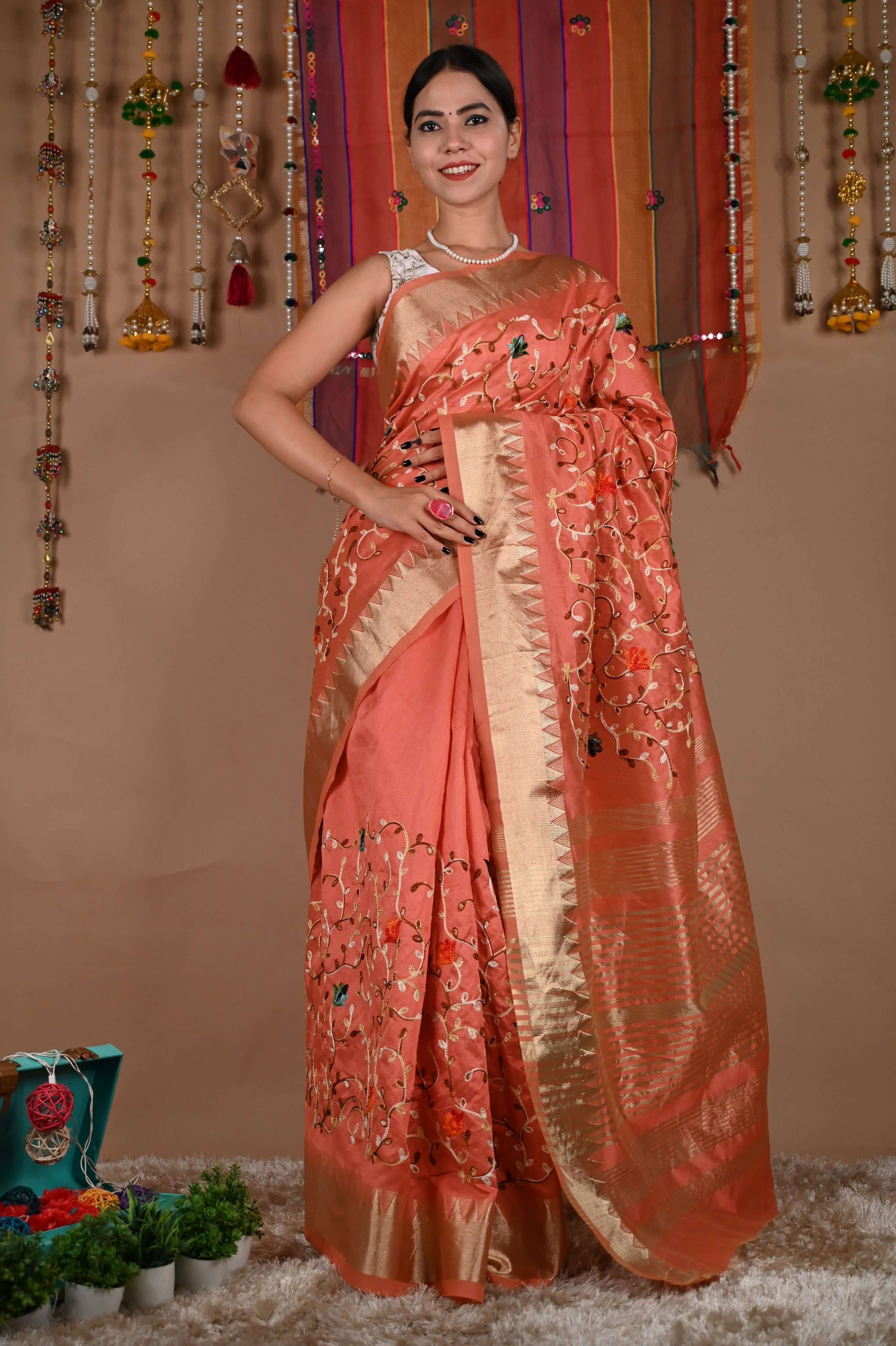 Ready To Wear Over all Thread Embroidered With Golden Temple Bordered Wrap in 1 minute saree - Isadora Life