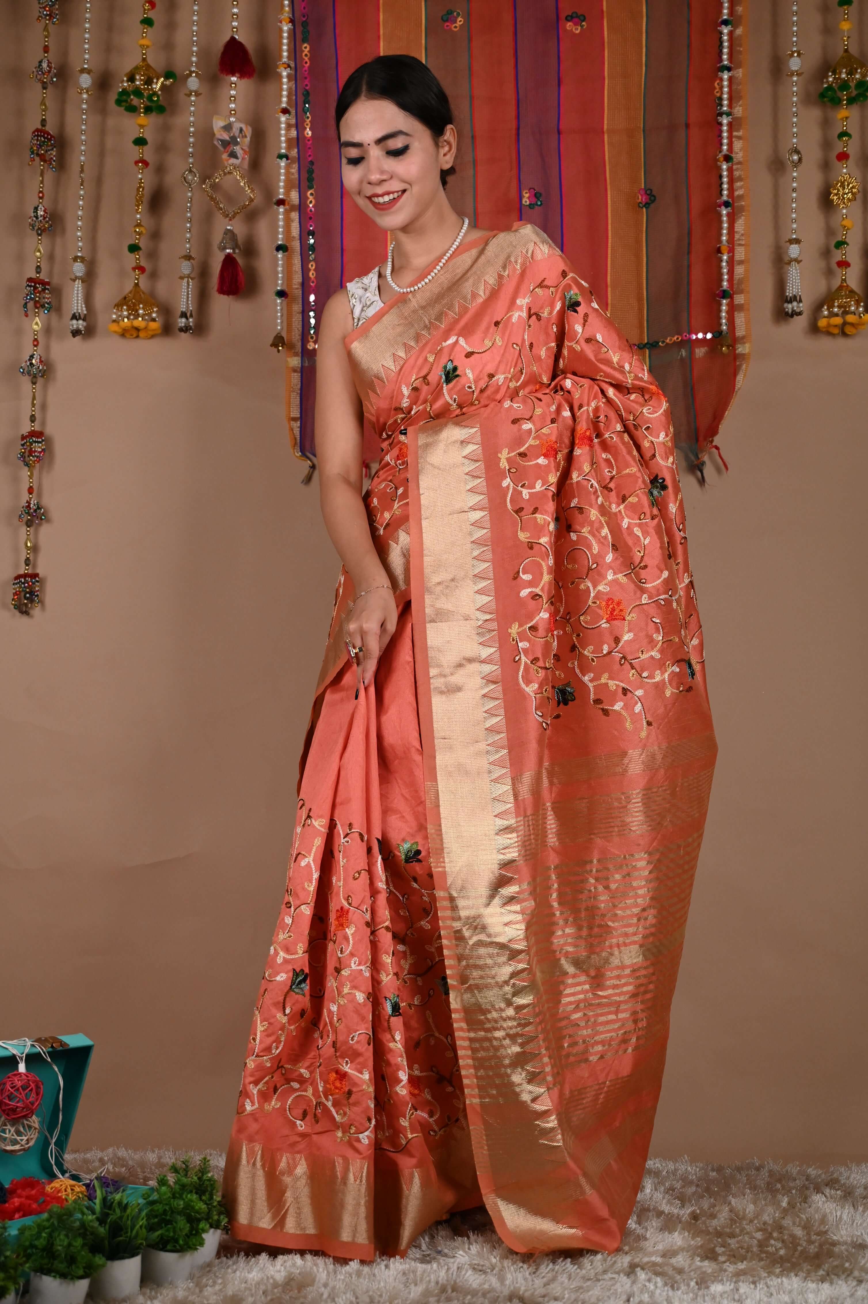 Ready To Wear Over all Thread Embroidered With Golden Temple Bordered Wrap in 1 minute saree - Isadora Life