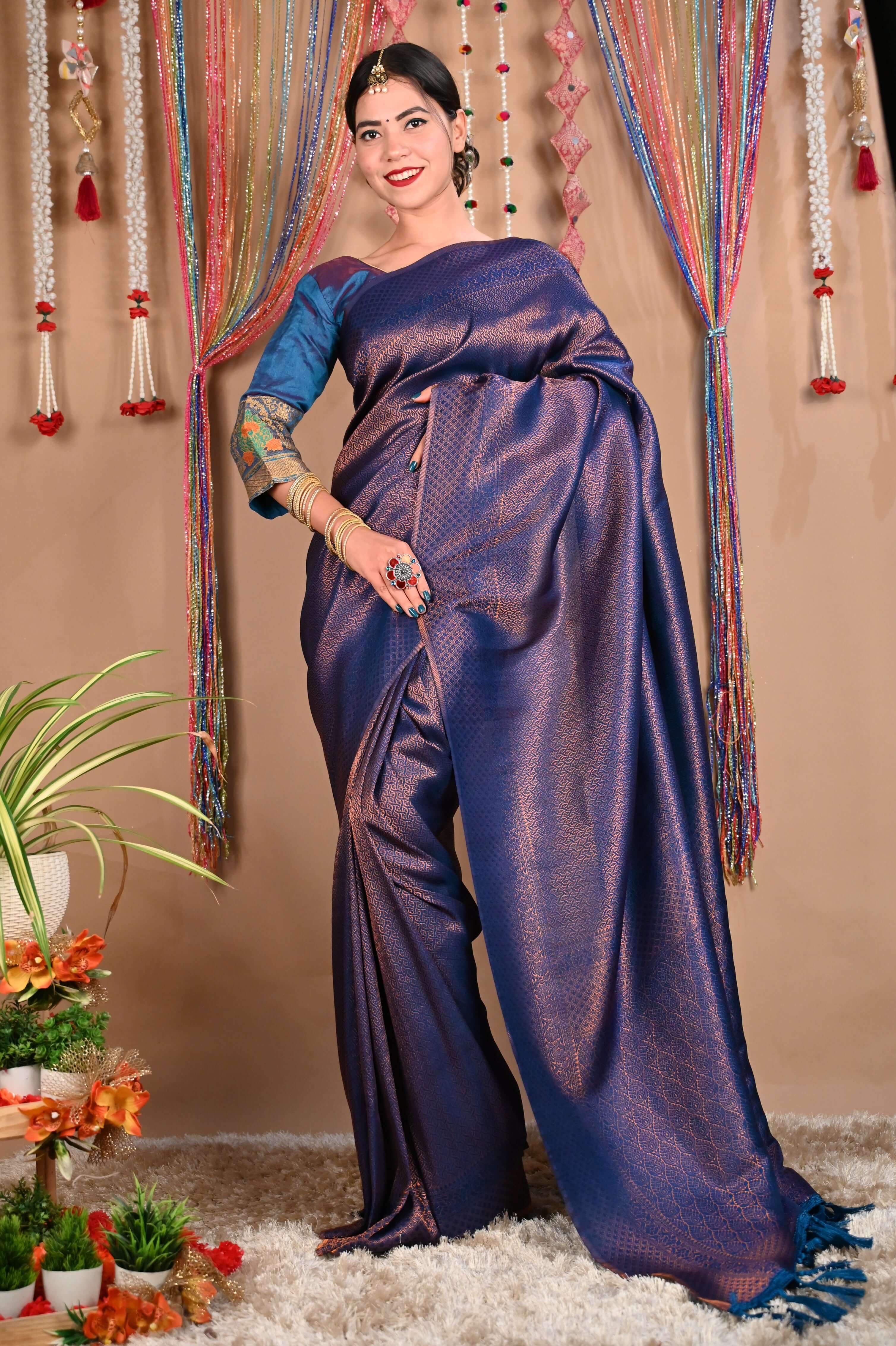 Ready To Wear Sophisticated Wedding Kanjeevaram Teal Ethnic Motif Woven Design Kanjeevaram Wrap in 1 minute saree - Isadora Life