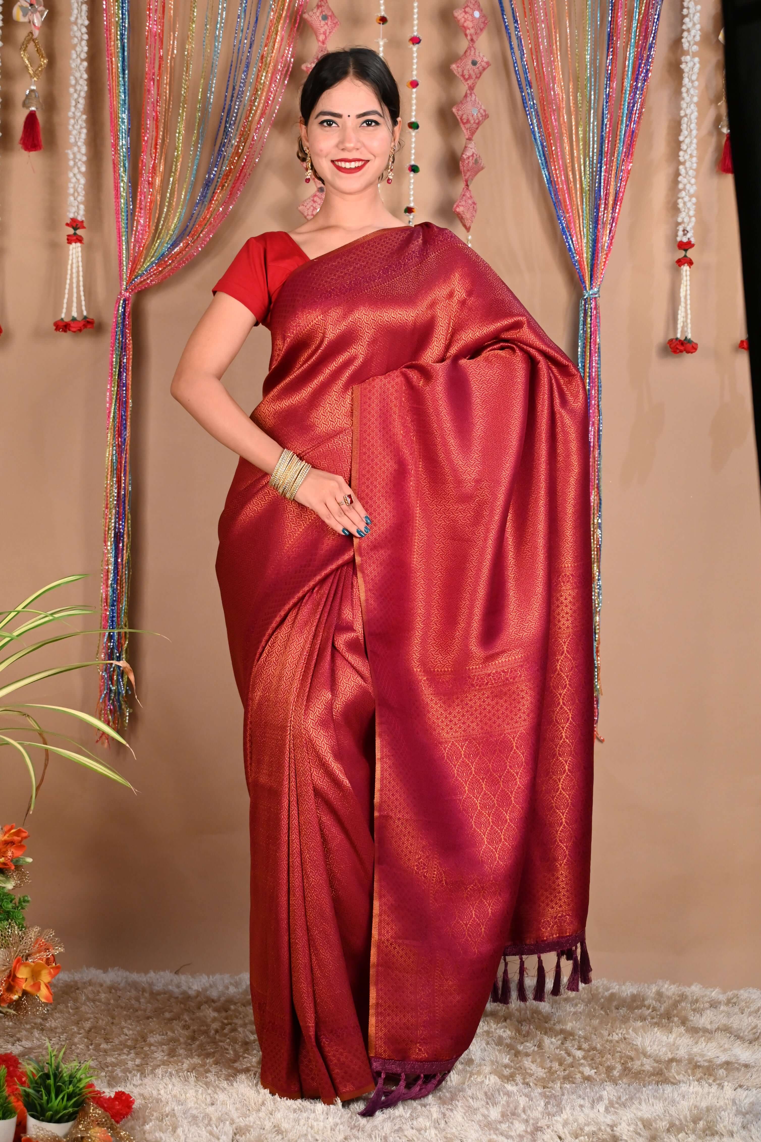 Ready To Wear Sophisticated Wedding Kanjeevaram Red Dhoop Chaanv Wrap in 1 minute saree - Isadora Life