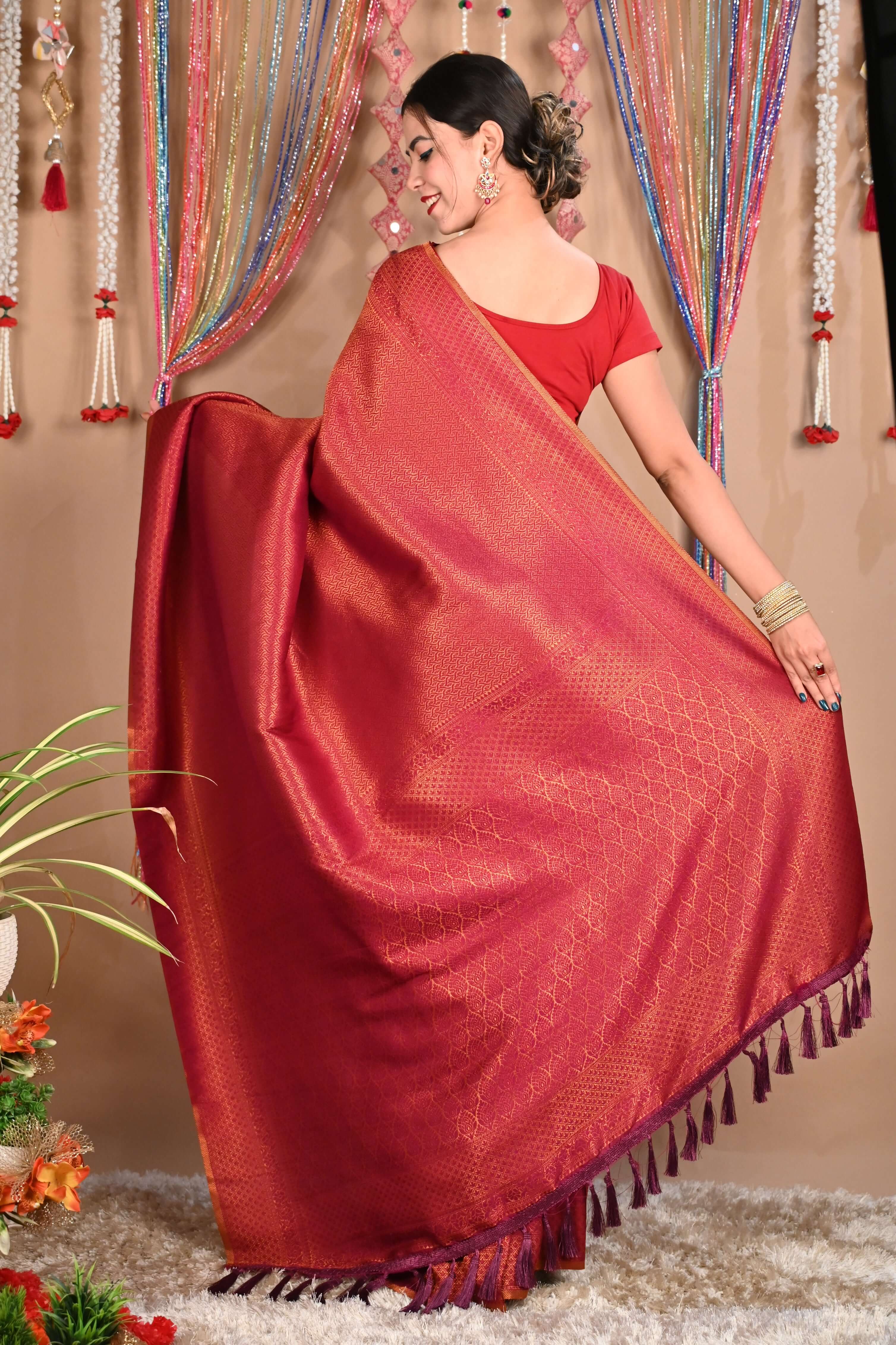 Ready To Wear Sophisticated Wedding Kanjeevaram Red Dhoop Chaanv Wrap in 1 minute saree - Isadora Life