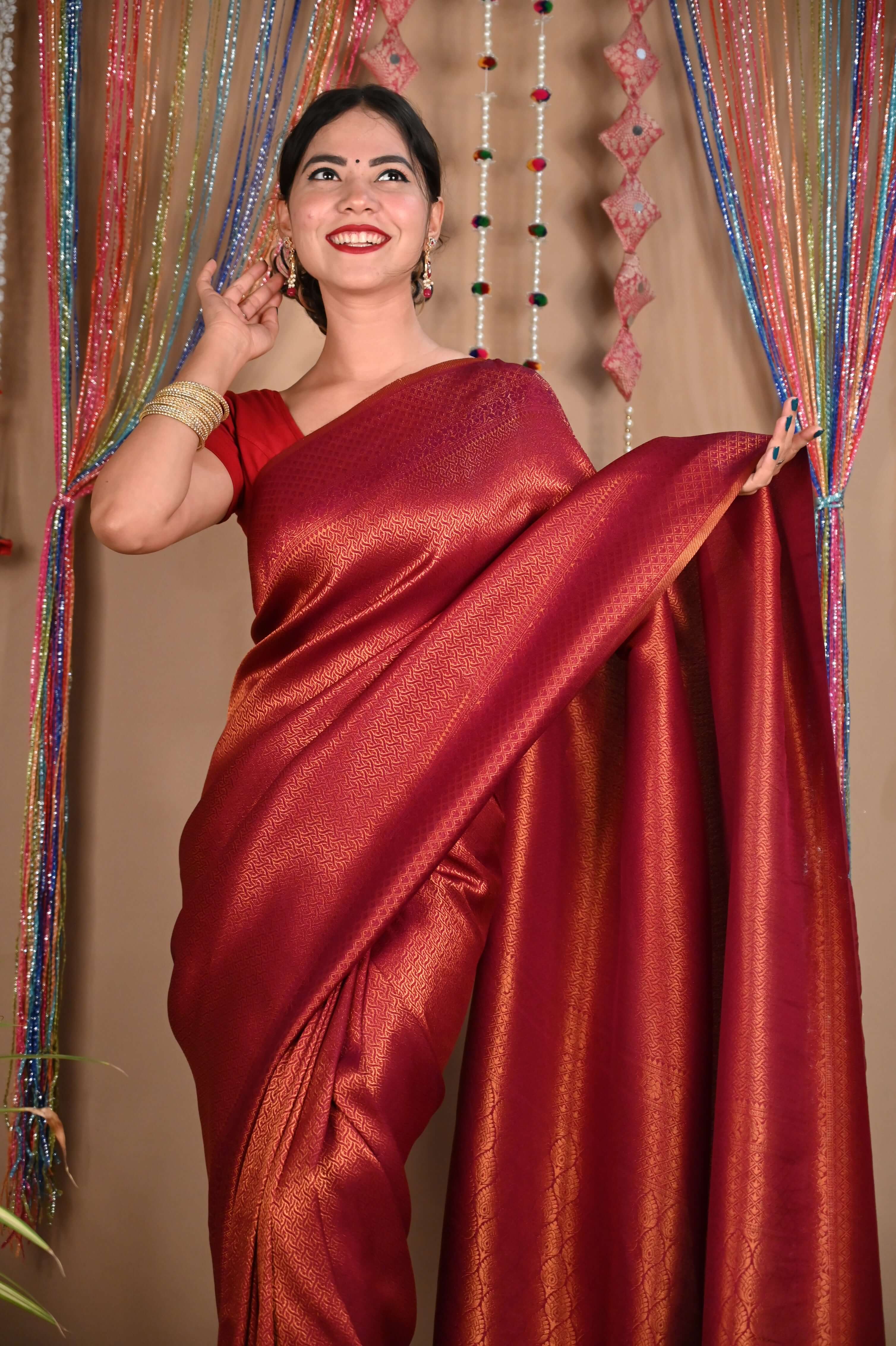 Ready To Wear Sophisticated Wedding Kanjeevaram Red Dhoop Chaanv Wrap in 1 minute saree - Isadora Life