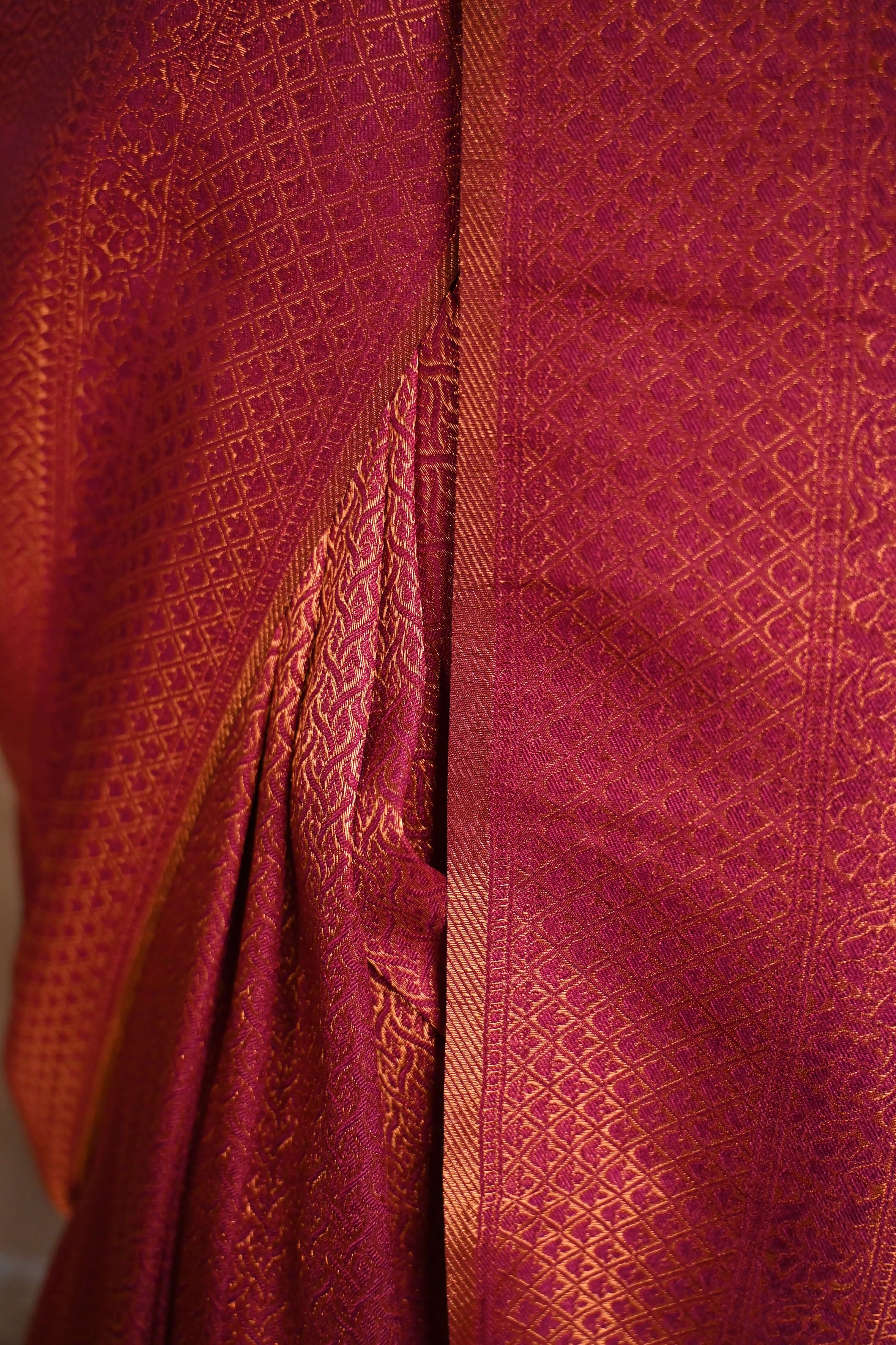 Ready To Wear Sophisticated Wedding Kanjeevaram Red Dhoop Chaanv Wrap in 1 minute saree - Isadora Life