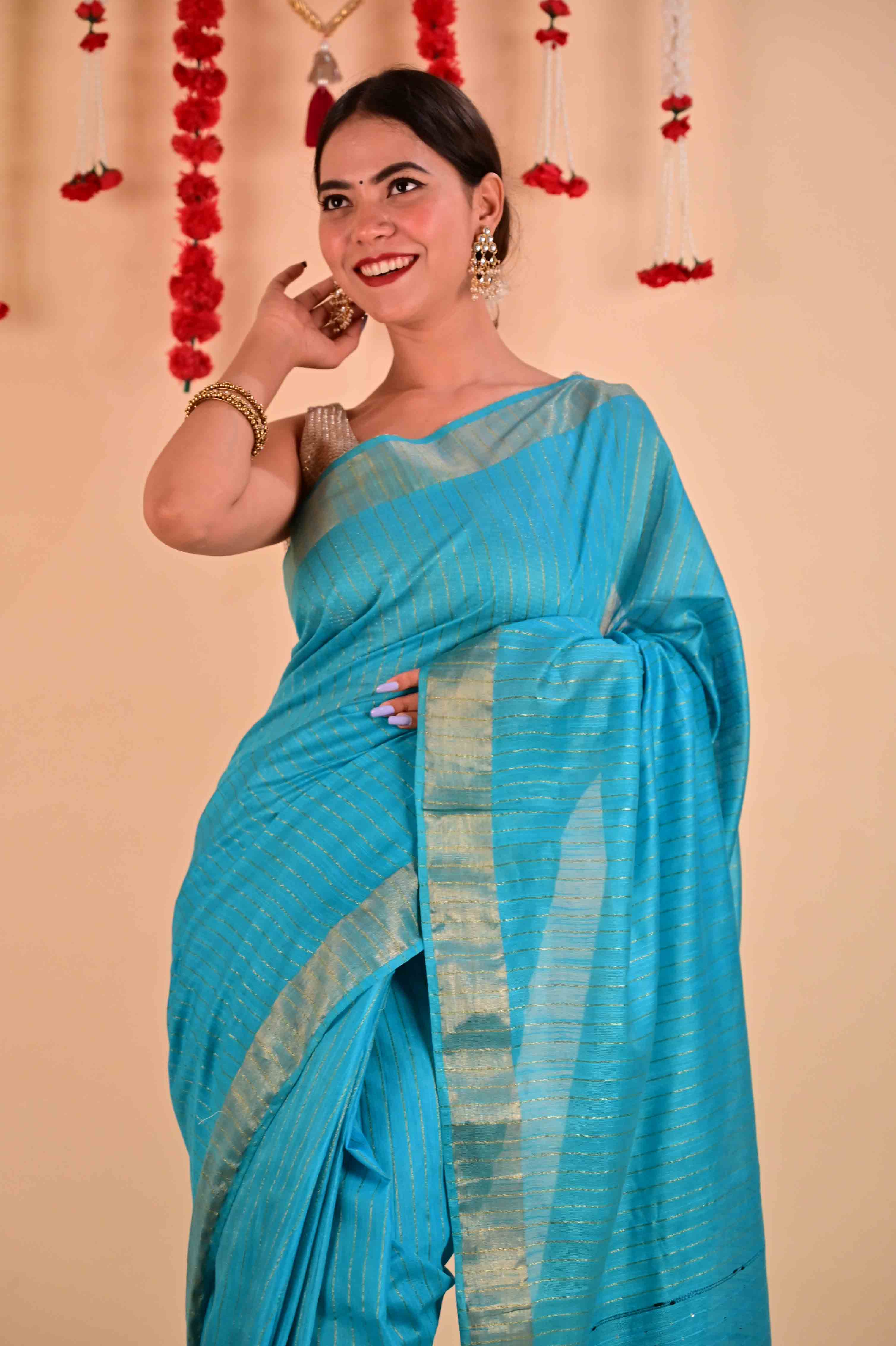 Ready To Wear Elegant Firozi bhagalpuri cotton silk with sequinned pallu Wrap in 1 minute Saree - Isadora Life
