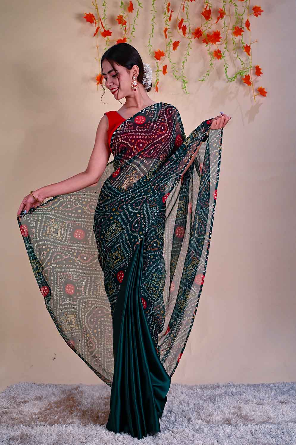 Gorgeous Green Bandhani and satin half and half designer wrap in 1 minute saree - Isadora Life