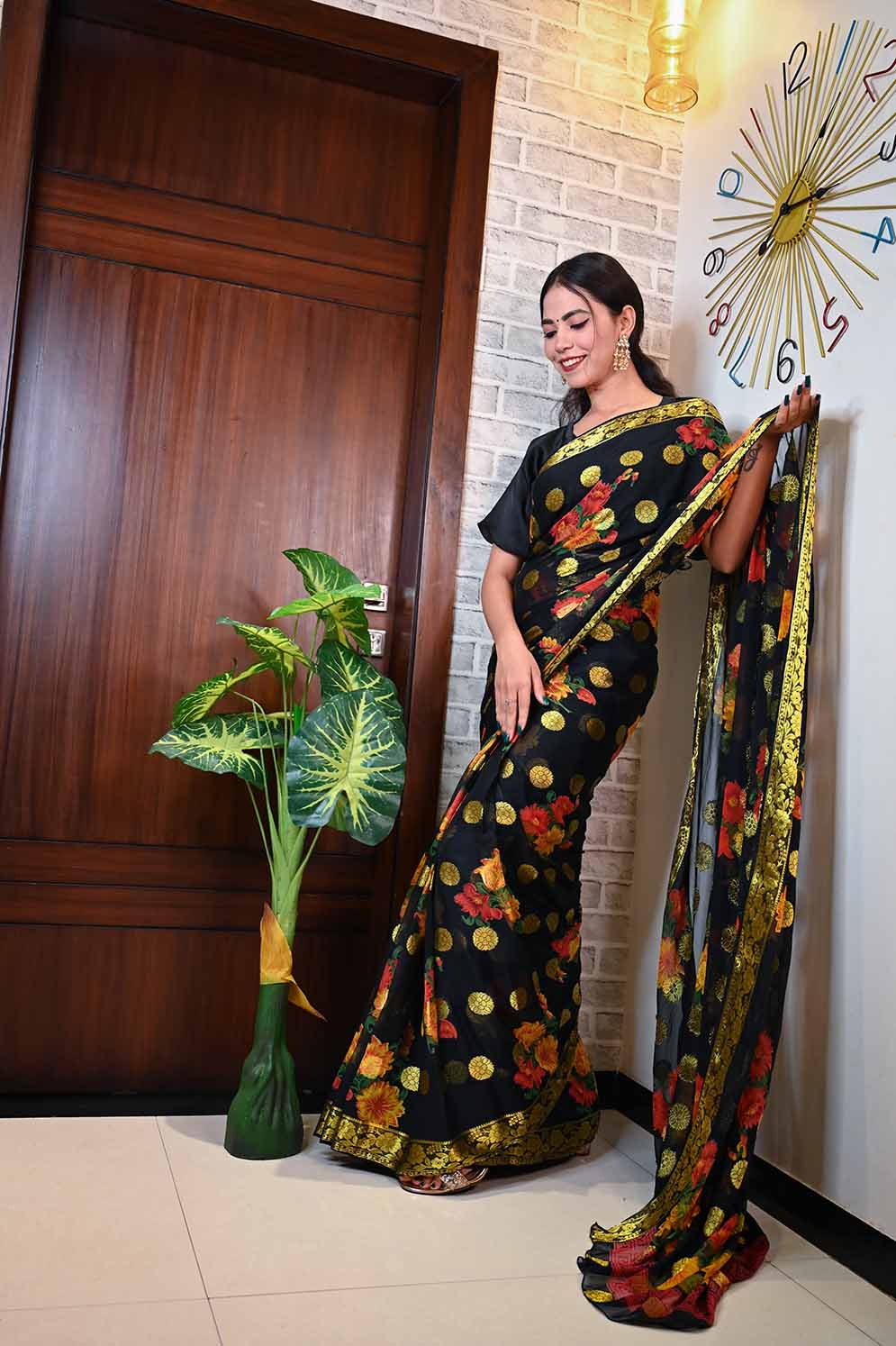 Beautiful Black Floral painted chiffon with Boota all over one minute ready made saree and readymade blouse - Isadora Life