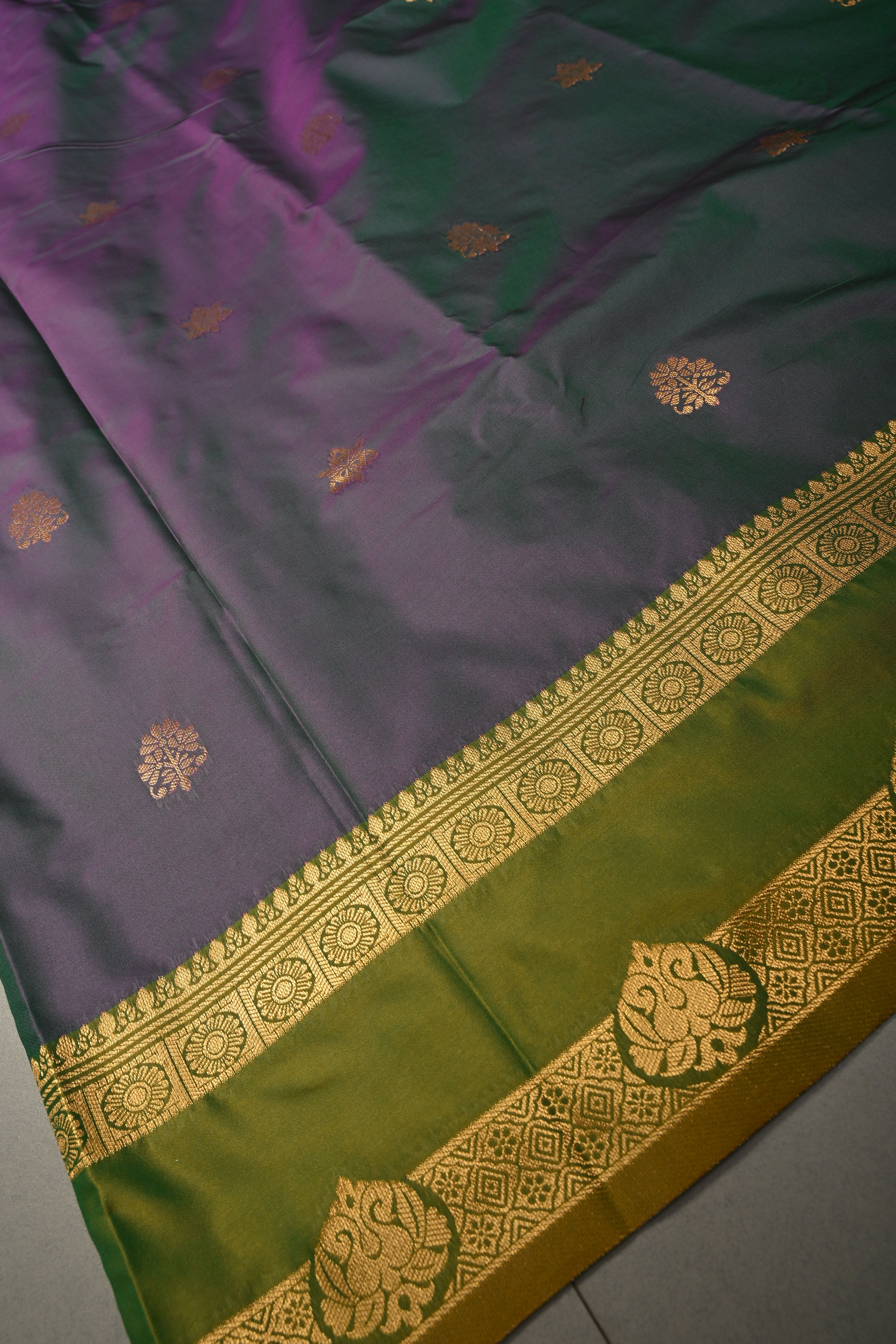 Pink-Green Dual Tone Kanchi Semi Silk Saree with Floral Zari Buttas and Zari Border | SHOBITAM