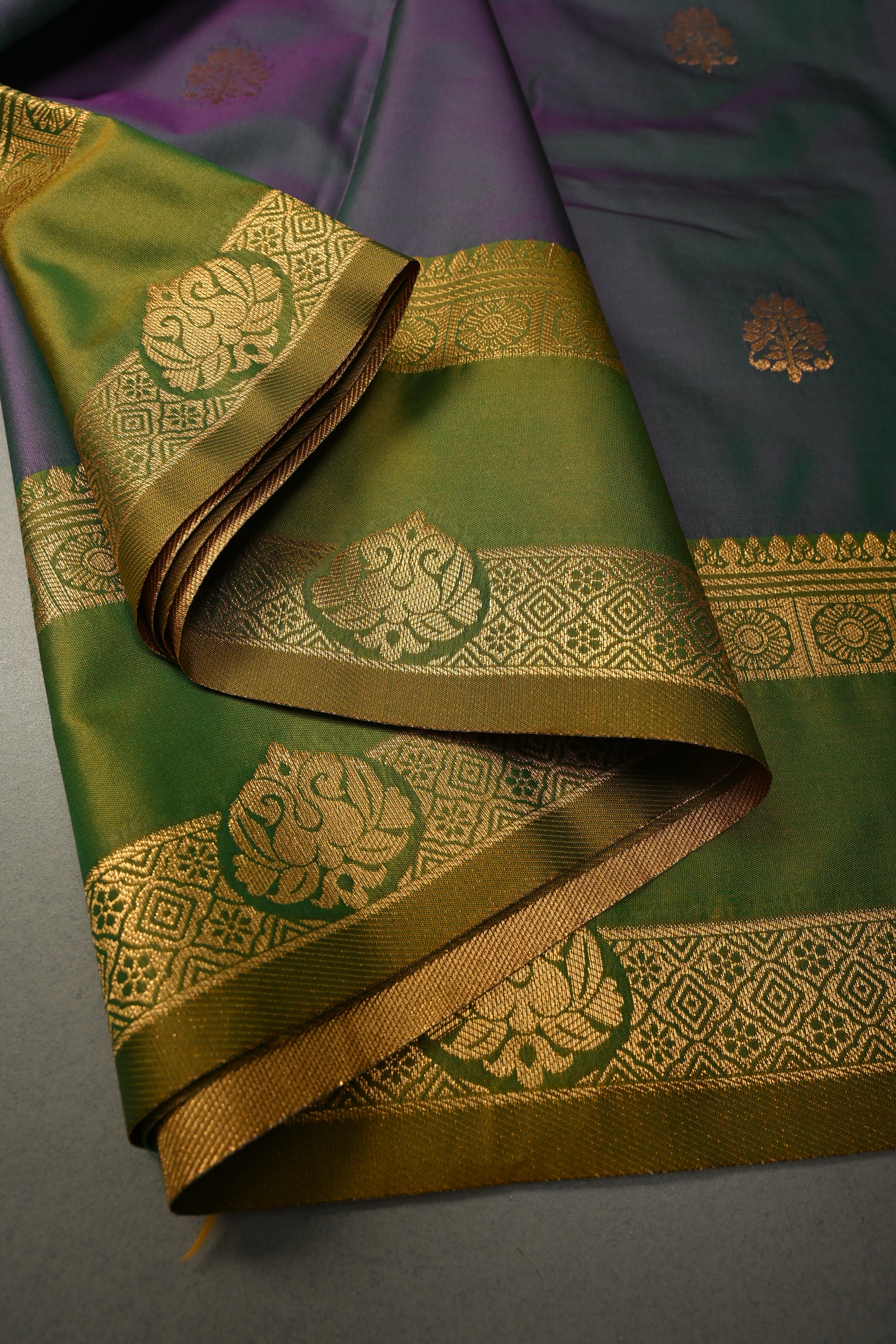 Pink-Green Dual Tone Kanchi Semi Silk Saree with Floral Zari Buttas and Zari Border | SHOBITAM
