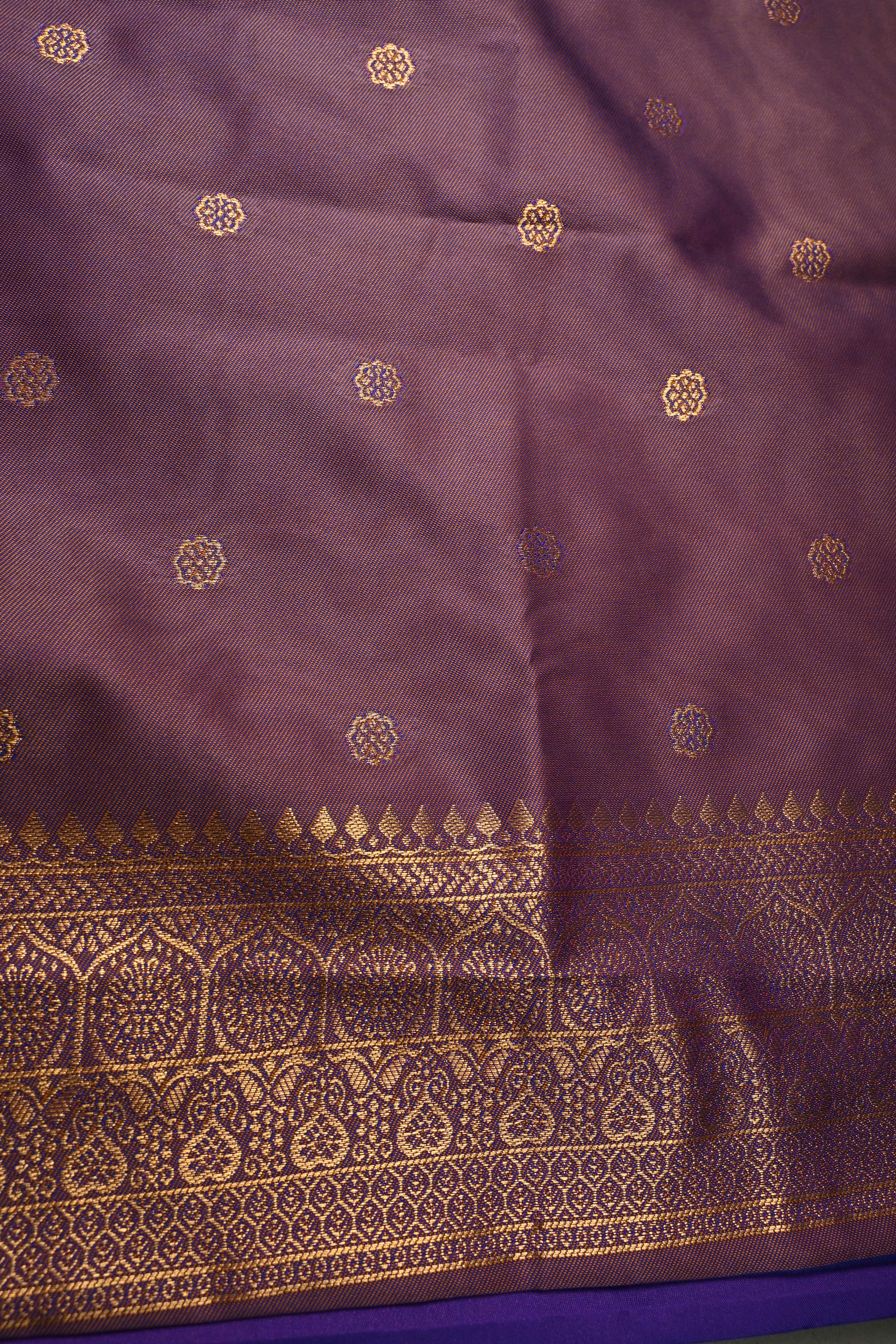 Purple Dual tone Kanchi Semi Silk Saree with Zari Buttas and Rettaipet Zari Border | SHOBITAM
