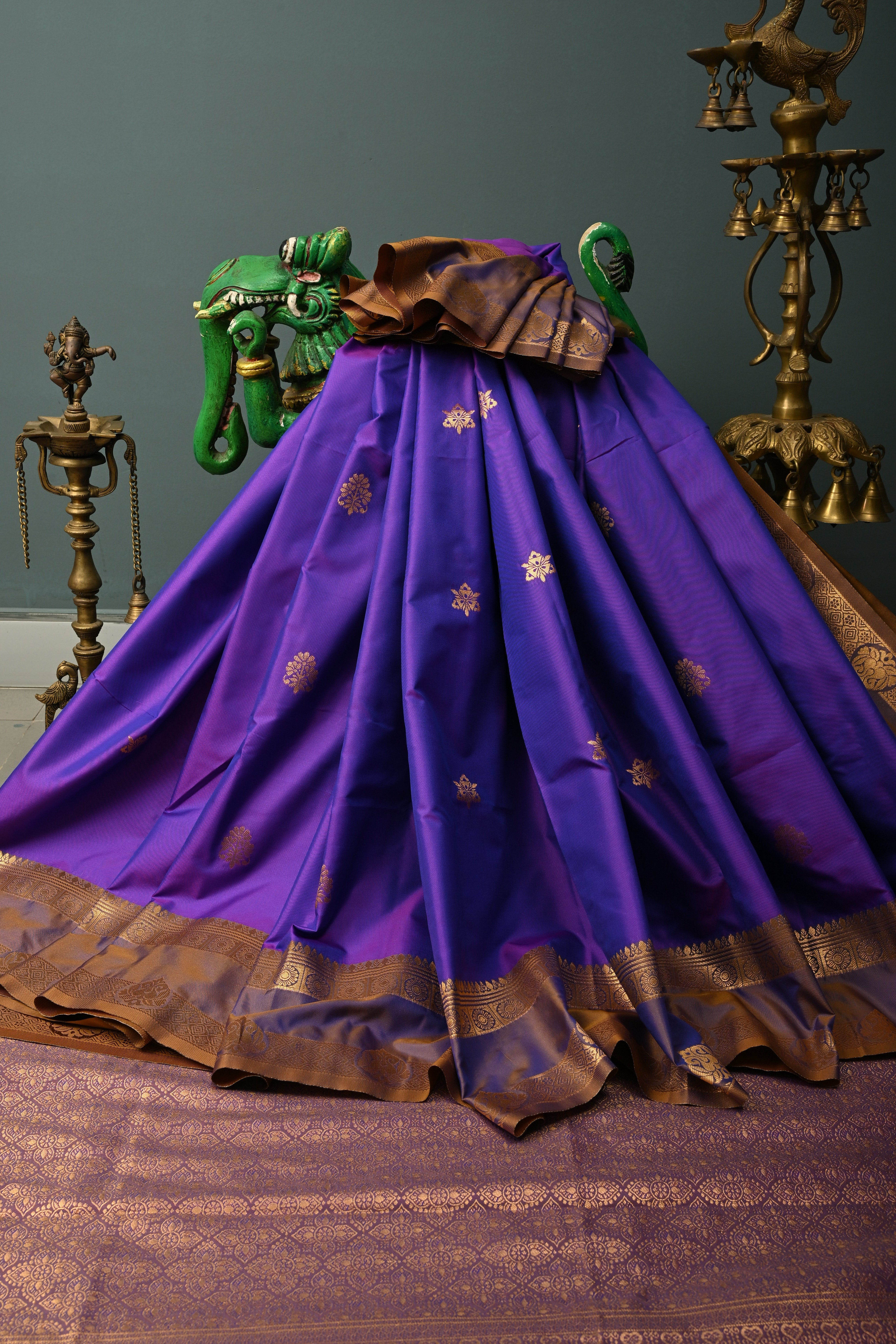 Purple Dual tone Kanchi Semi Silk Saree with Zari Buttas and Rettaipet Zari Border | SHOBITAM