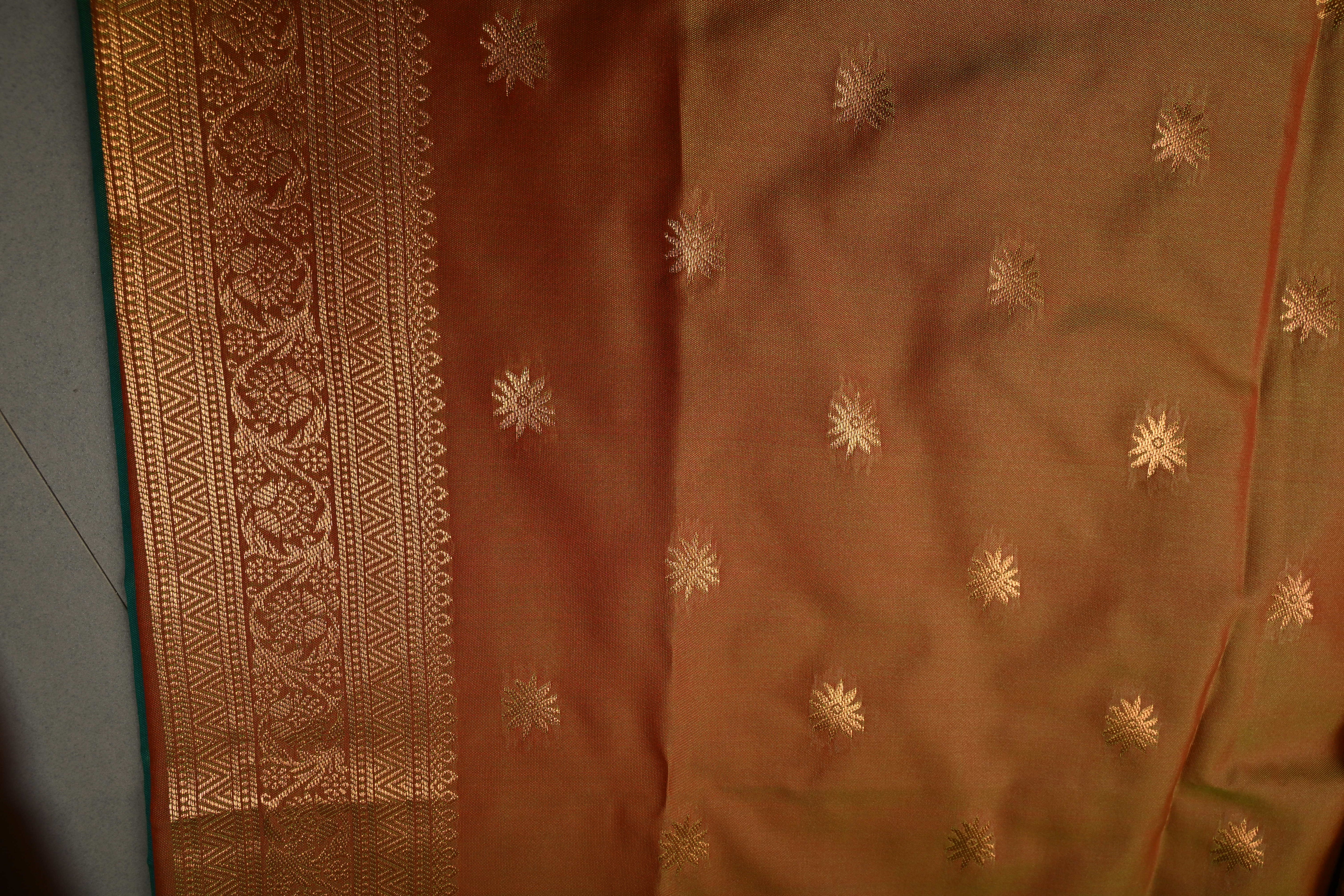 Green Kanchi Semi Silk Saree with Floral Zari Buttas and Gold-Silver Motifs on Border | Shobitam