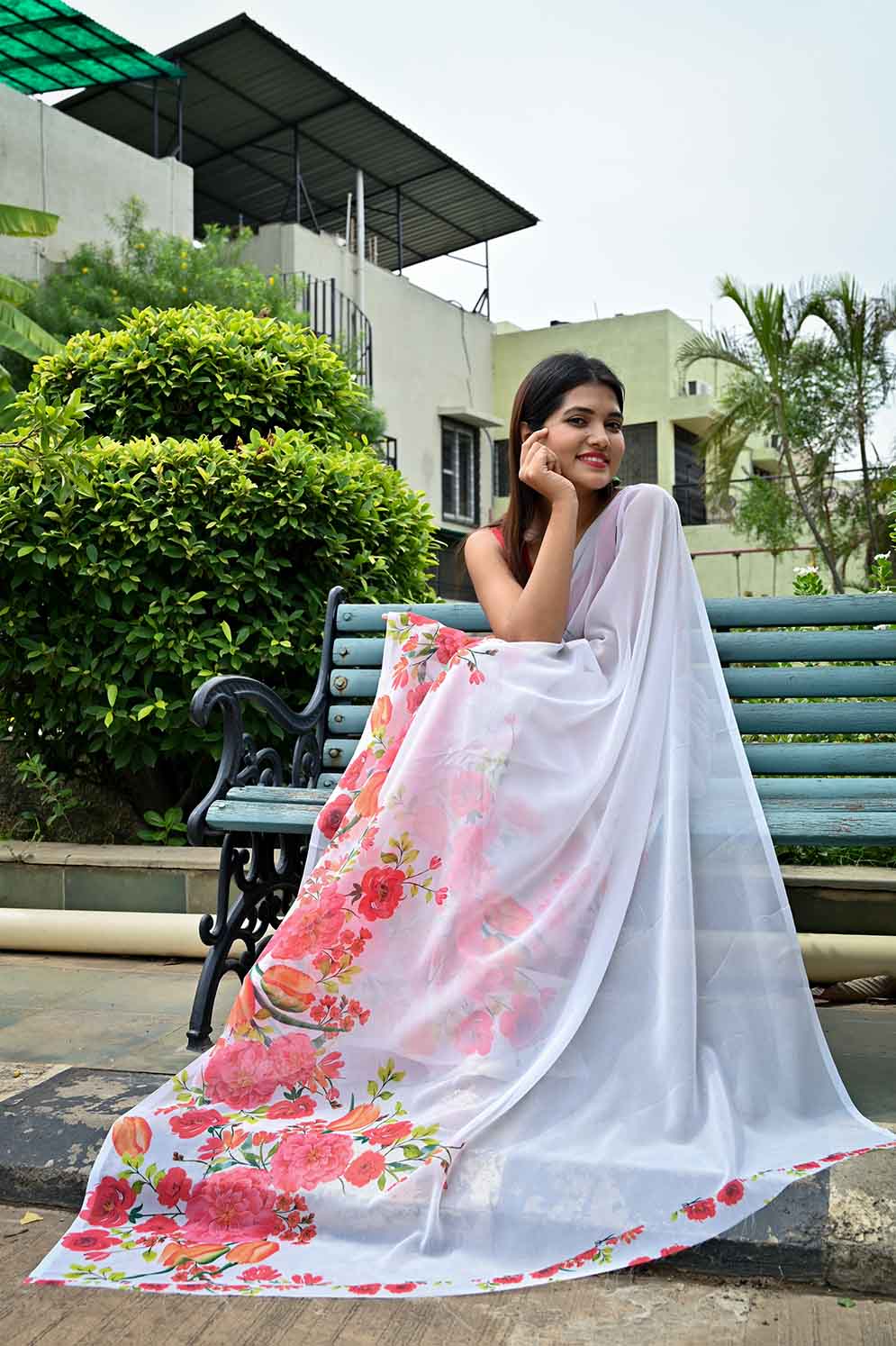 Gorgeous White Georgette Floral printed Cotton one minute ready made saree and readymade blouse - Isadora Life