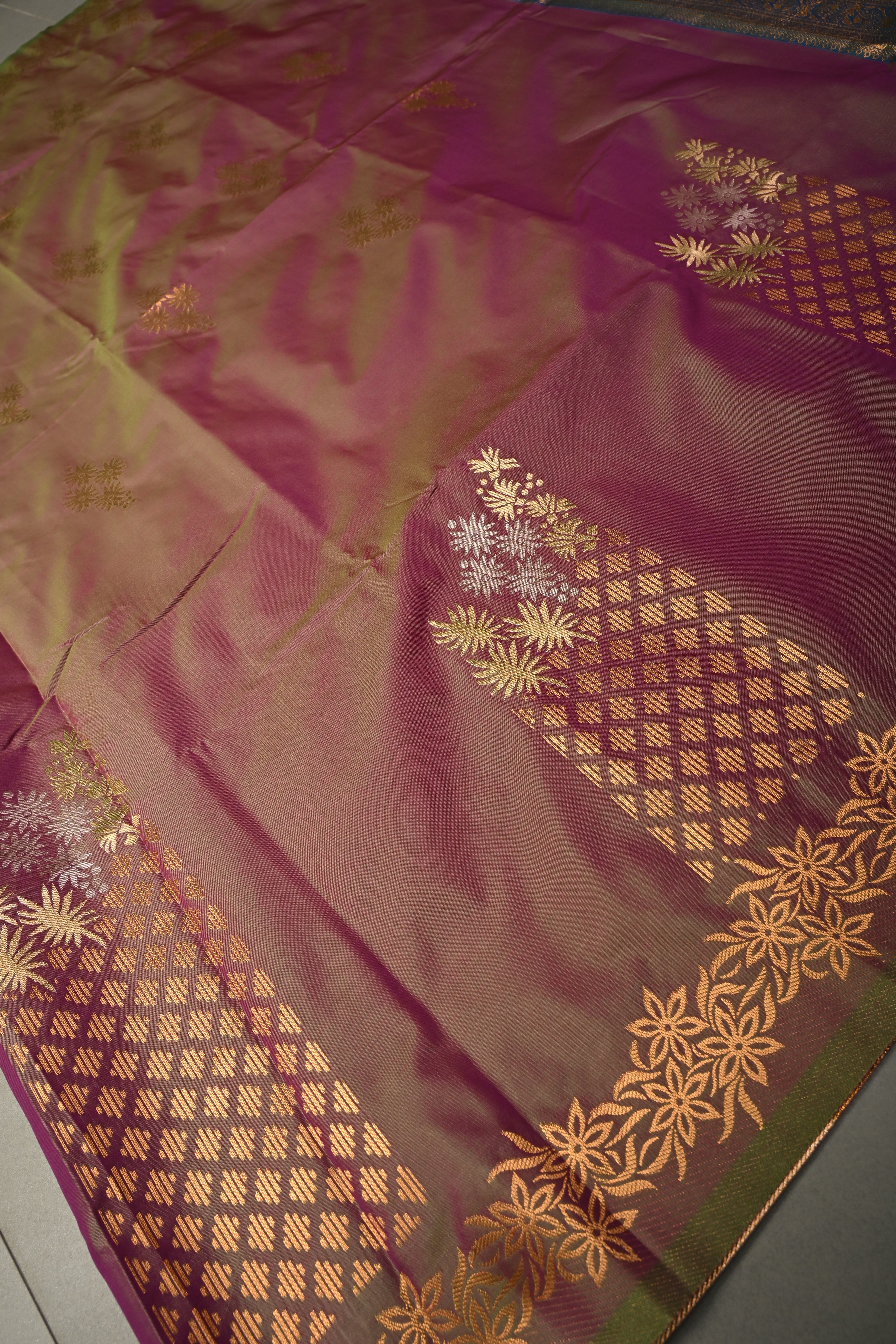 Pink-Green Kanchi Semi Silk Saree with Floral Zari Buttas and Gold-Silver Motifs on Border | Shobitam