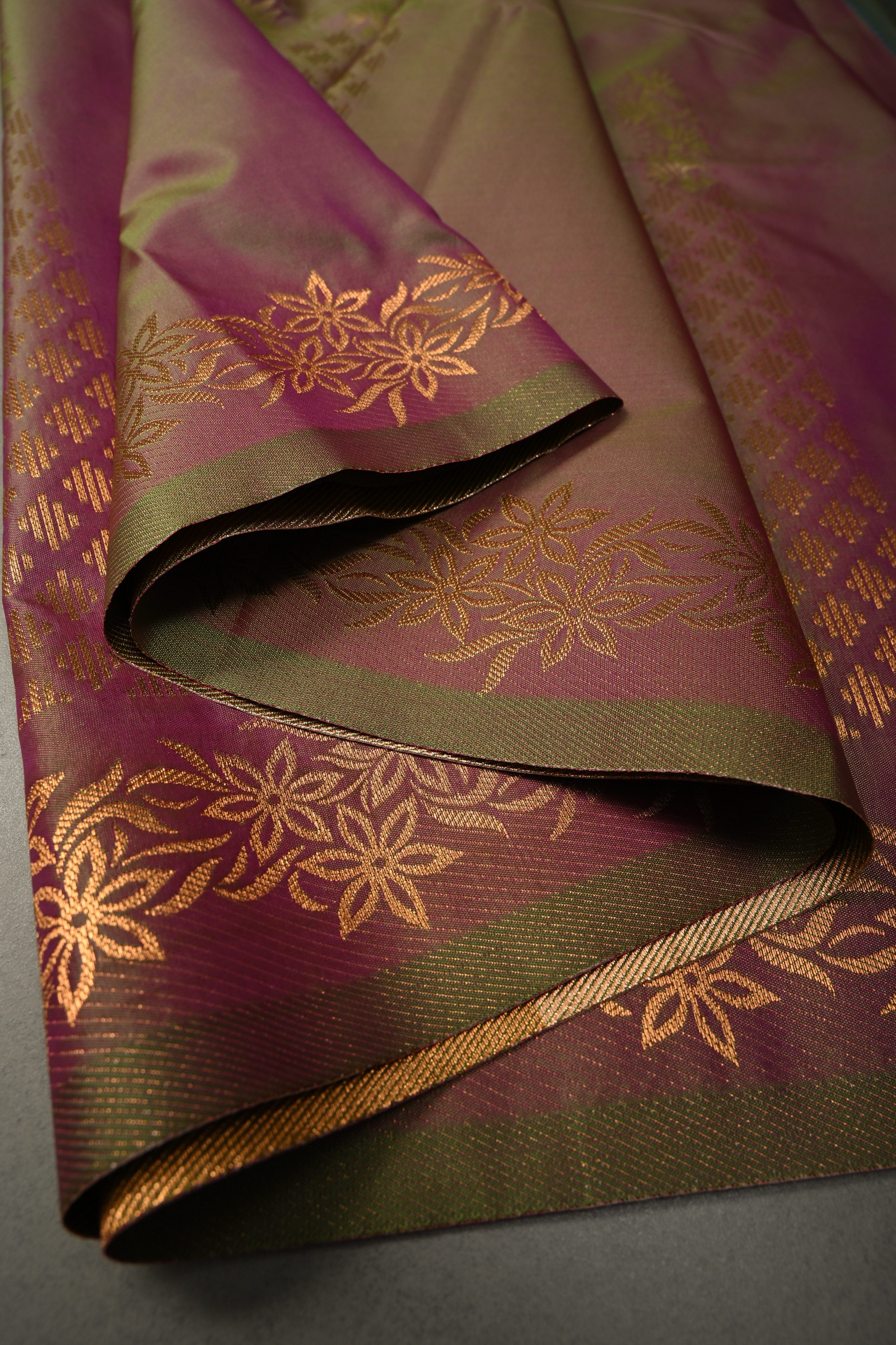 Pink-Green Kanchi Semi Silk Saree with Floral Zari Buttas and Gold-Silver Motifs on Border | Shobitam