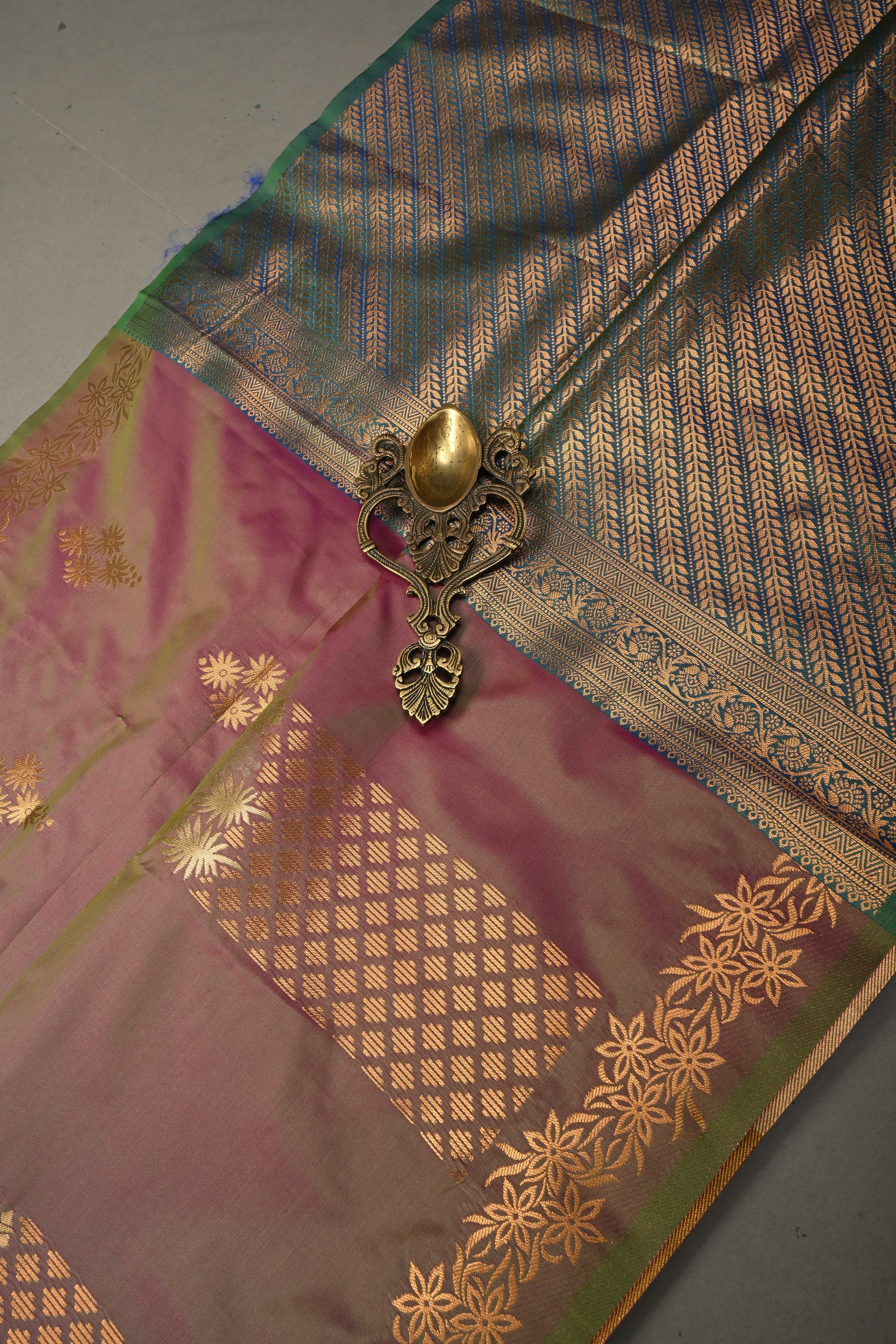 Pink-Green Kanchi Semi Silk Saree with Floral Zari Buttas and Gold-Silver Motifs on Border | Shobitam