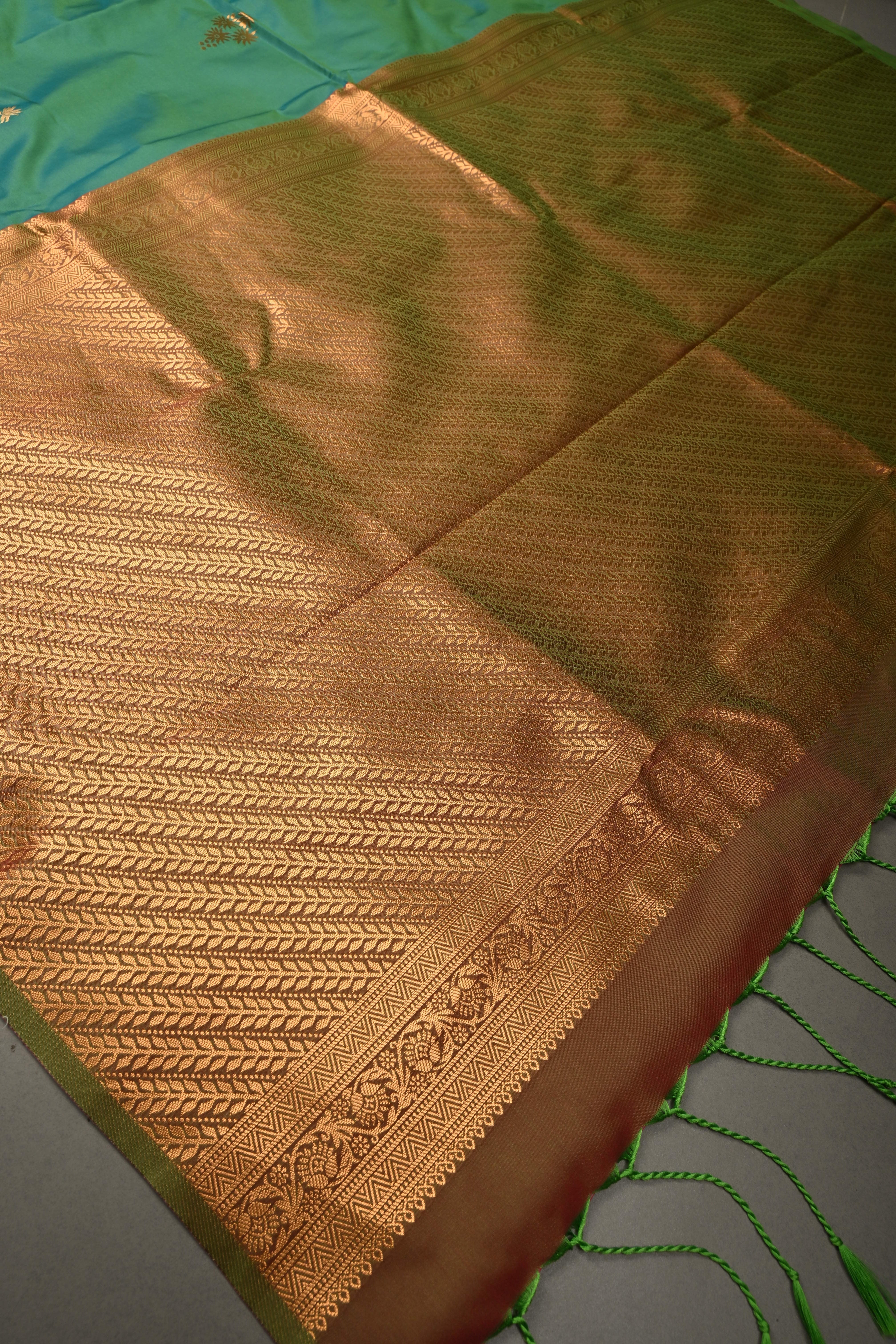 Green Dual tone Kanchi Semi Silk Saree with Floral Zari Buttas and Gold-Silver Motifs on Border | Shobitam