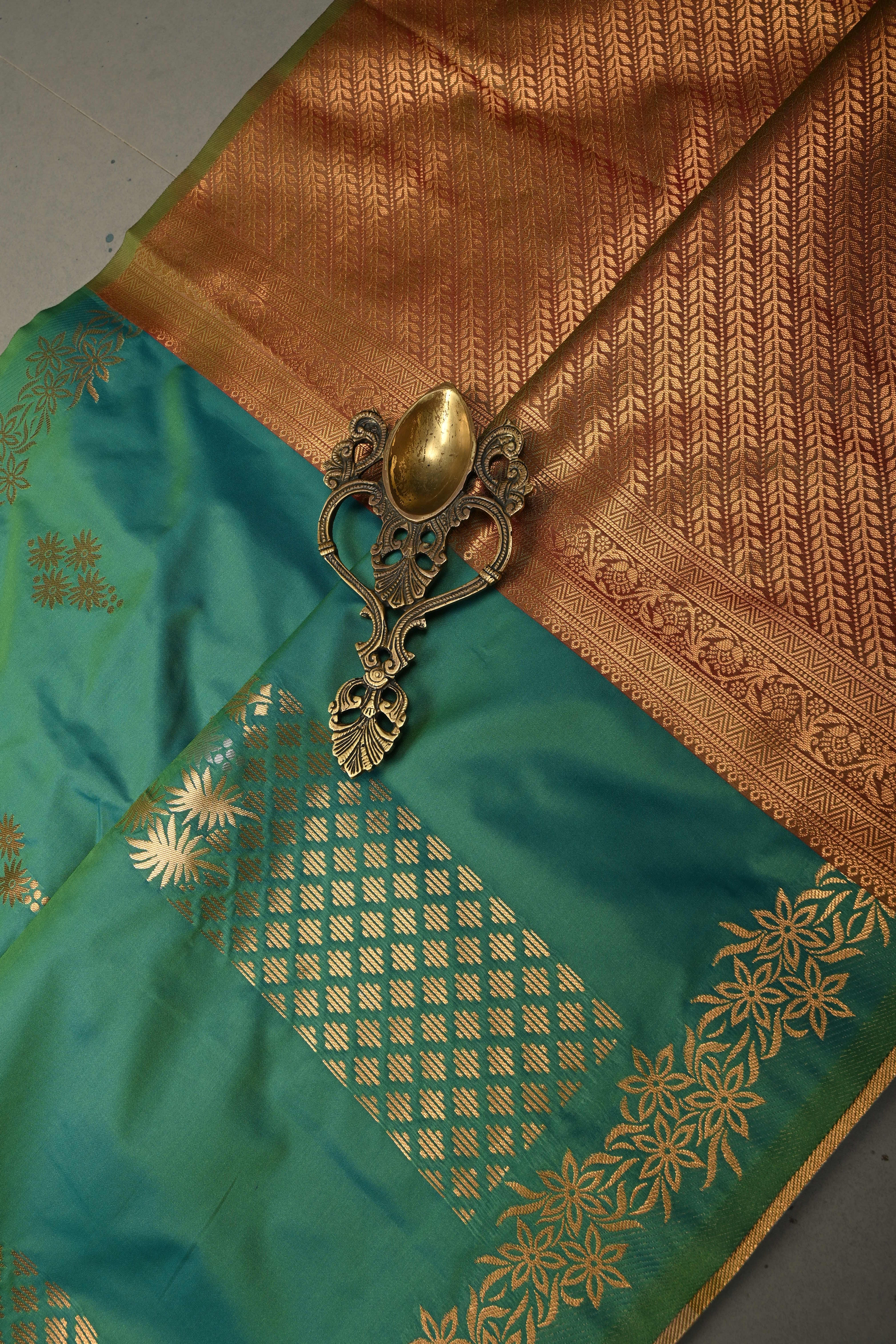 Green Dual tone Kanchi Semi Silk Saree with Floral Zari Buttas and Gold-Silver Motifs on Border | Shobitam