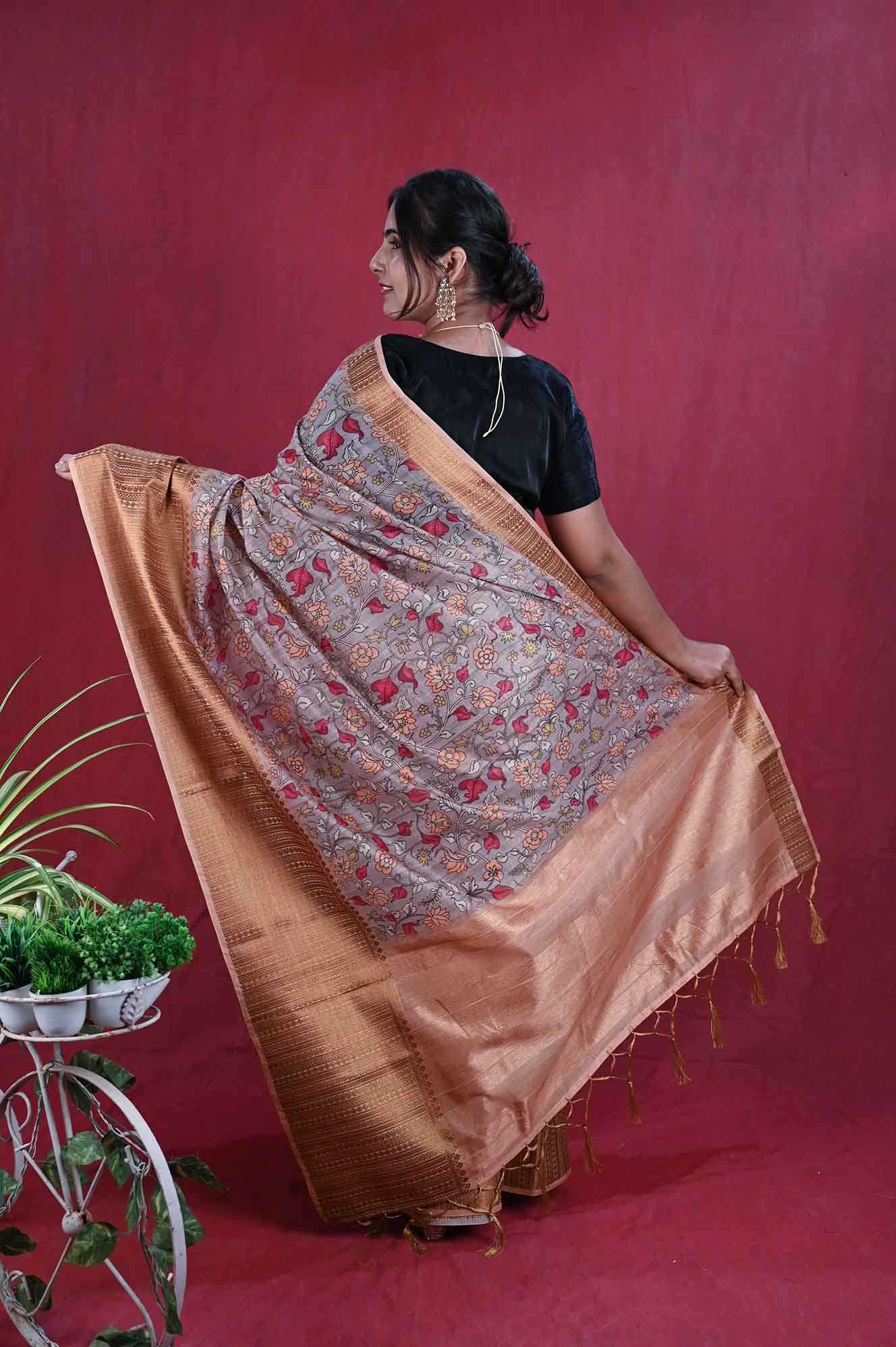 Ready to wear madhubani printed with zari woven border and pallu with Tassels Wrap in 1 minute saree - Isadora Life