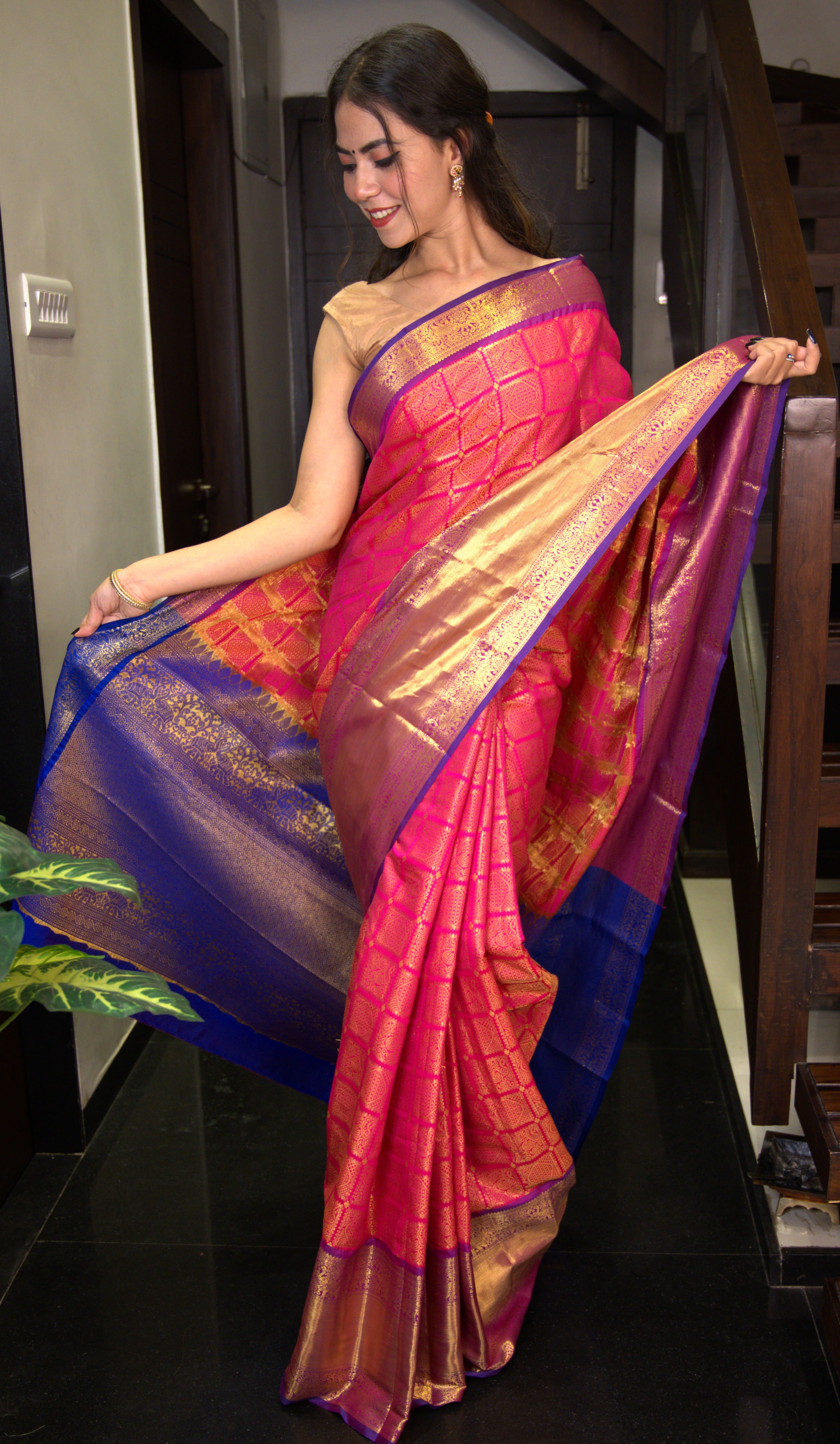 Pink & Golden Semi Silk Woven Design Kanjeevaram Wrap in 1 minute with ornate pallu - Isadora Life