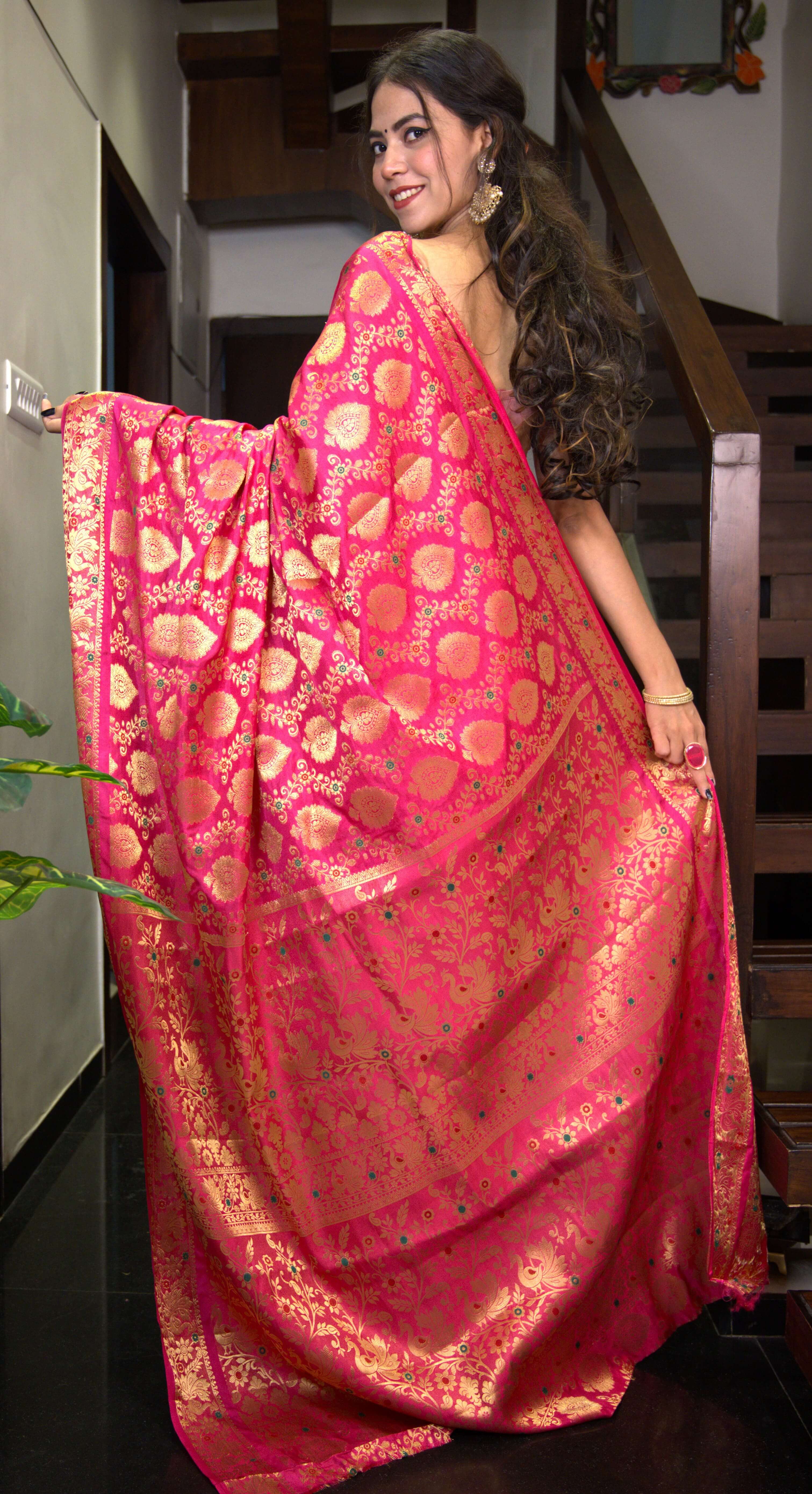 kanjivaram Zari Interweaving Coral Pink Wrap in 1 minute Saree with Readymade Blouse - Isadora Life