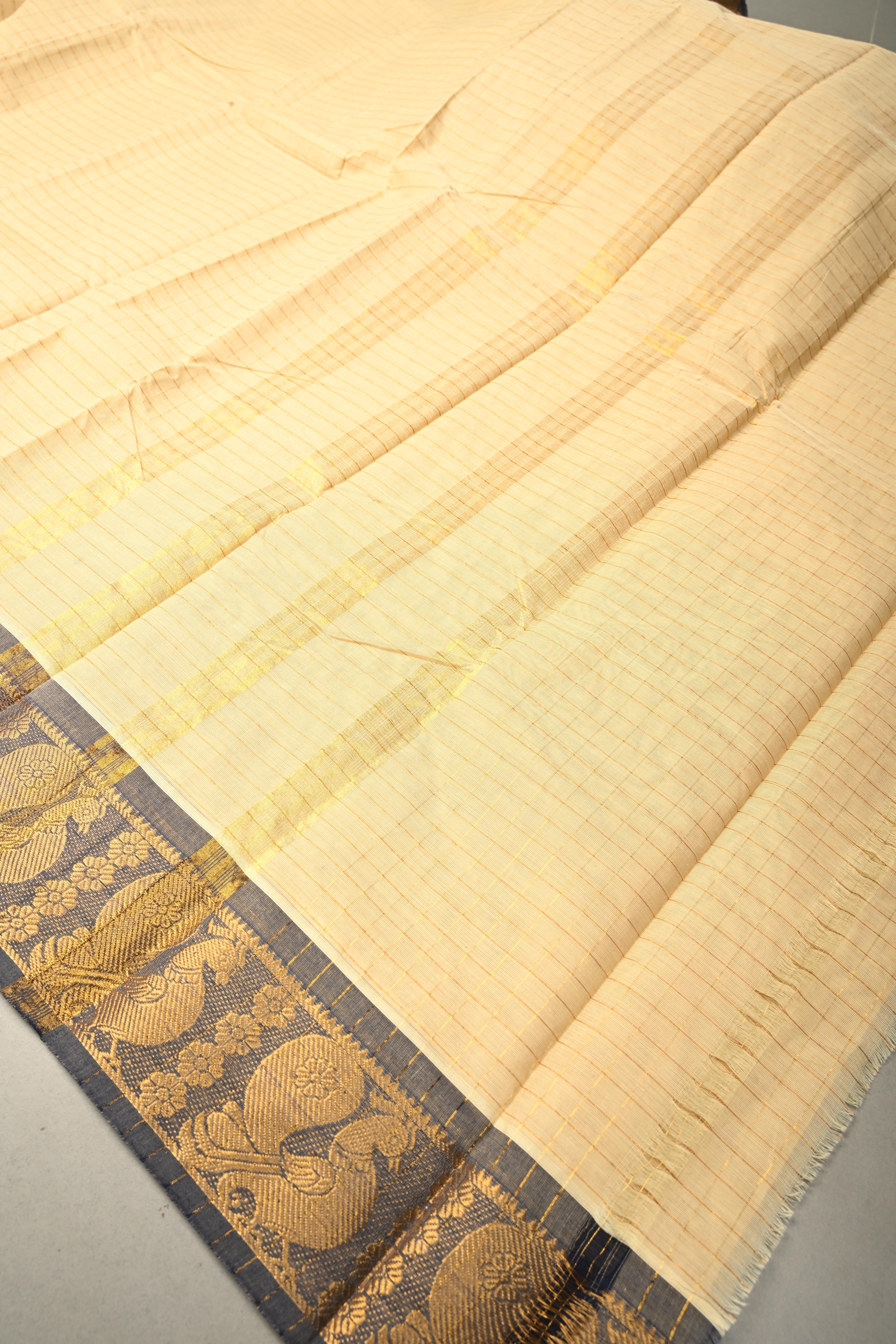 Beige Zari Checks on Chettinad Cotton Saree with Contrast Zari Border, No Blouse Piece | Shobitam